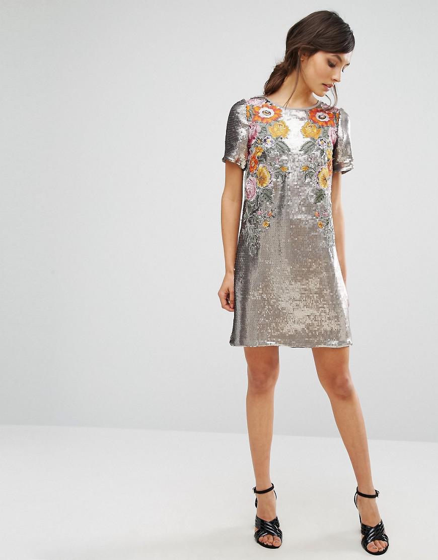 Oasis Premium Sequin Floral Shift Dress | Lyst