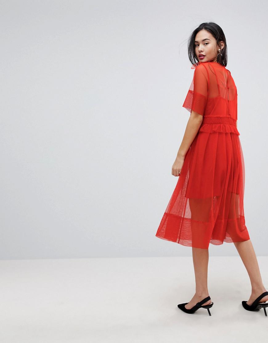 red tulle midi dress