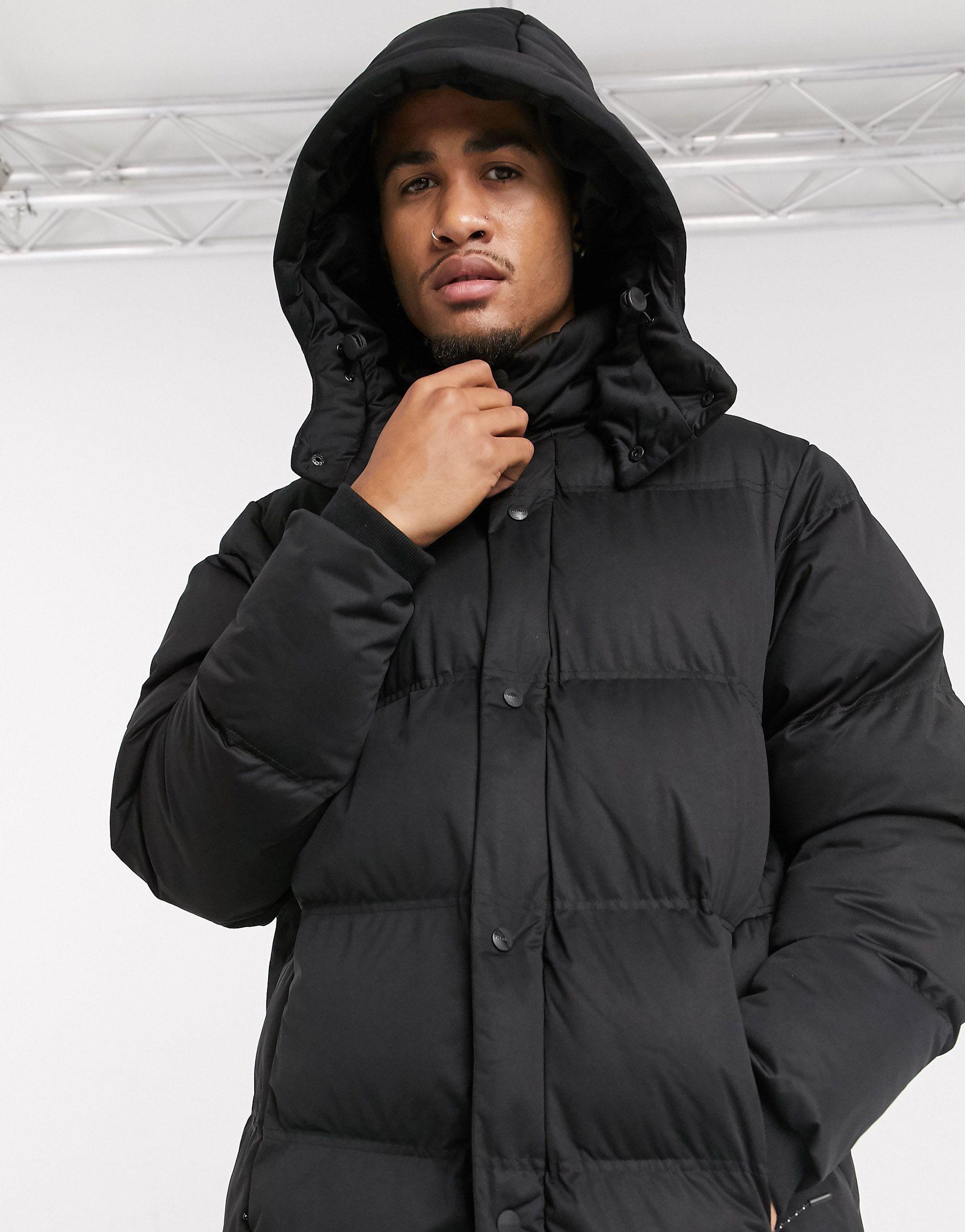 Pull&Bear Synthetic Longline Puffer Jacket in Black for Men | Lyst