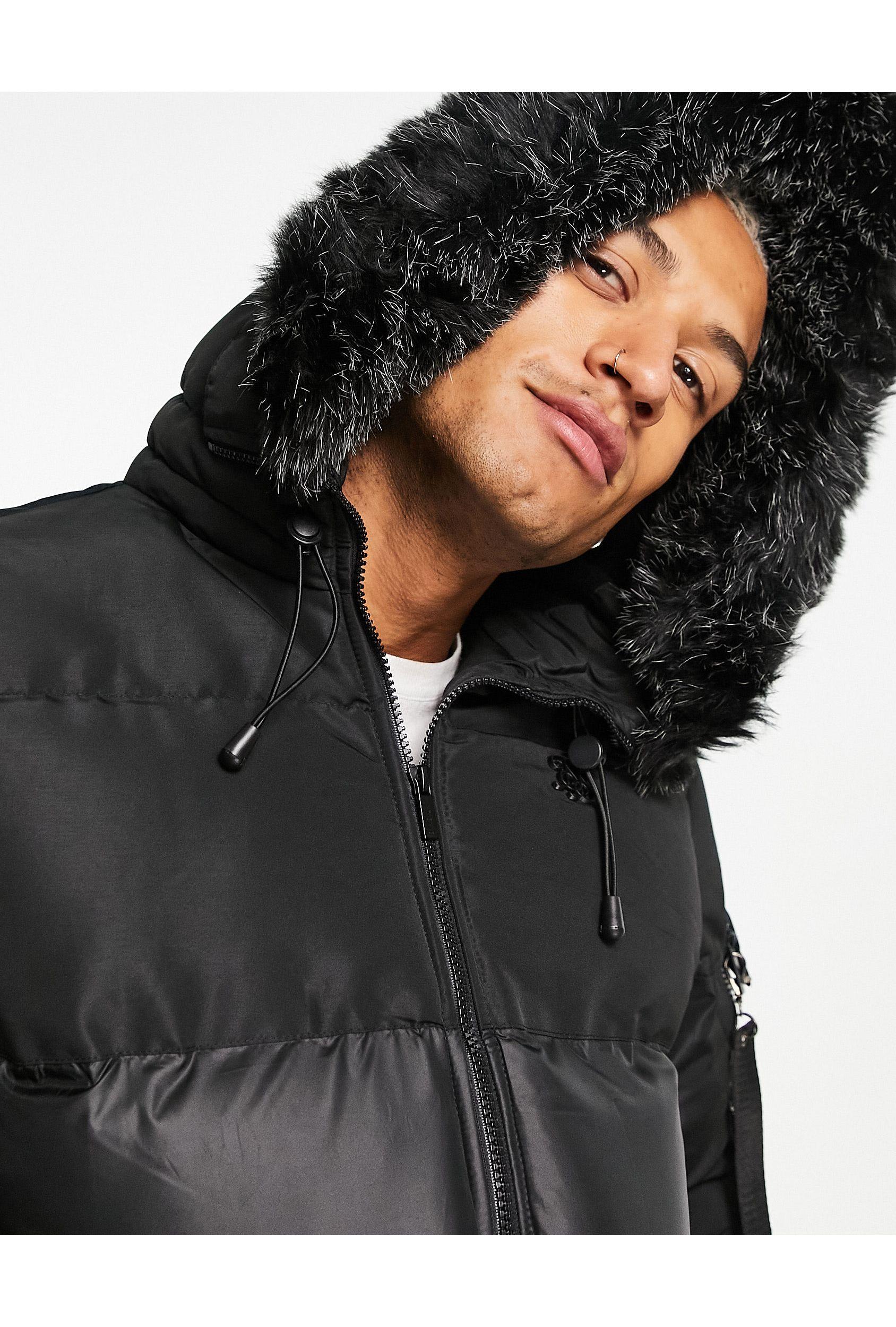 SIKSILK Distance Padded Jacket With Faux Fur Hood in Black for Men | Lyst