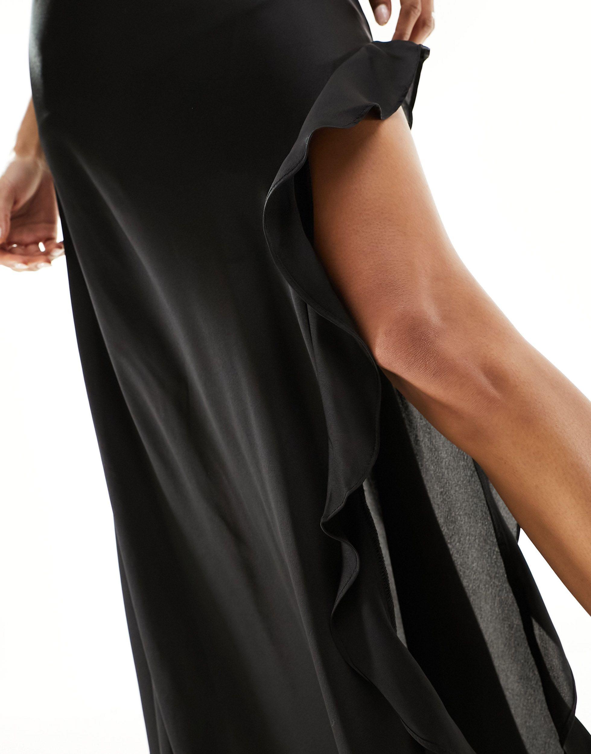 New Look Strappy Ruffle High Split Slip Maxi Dress in Black