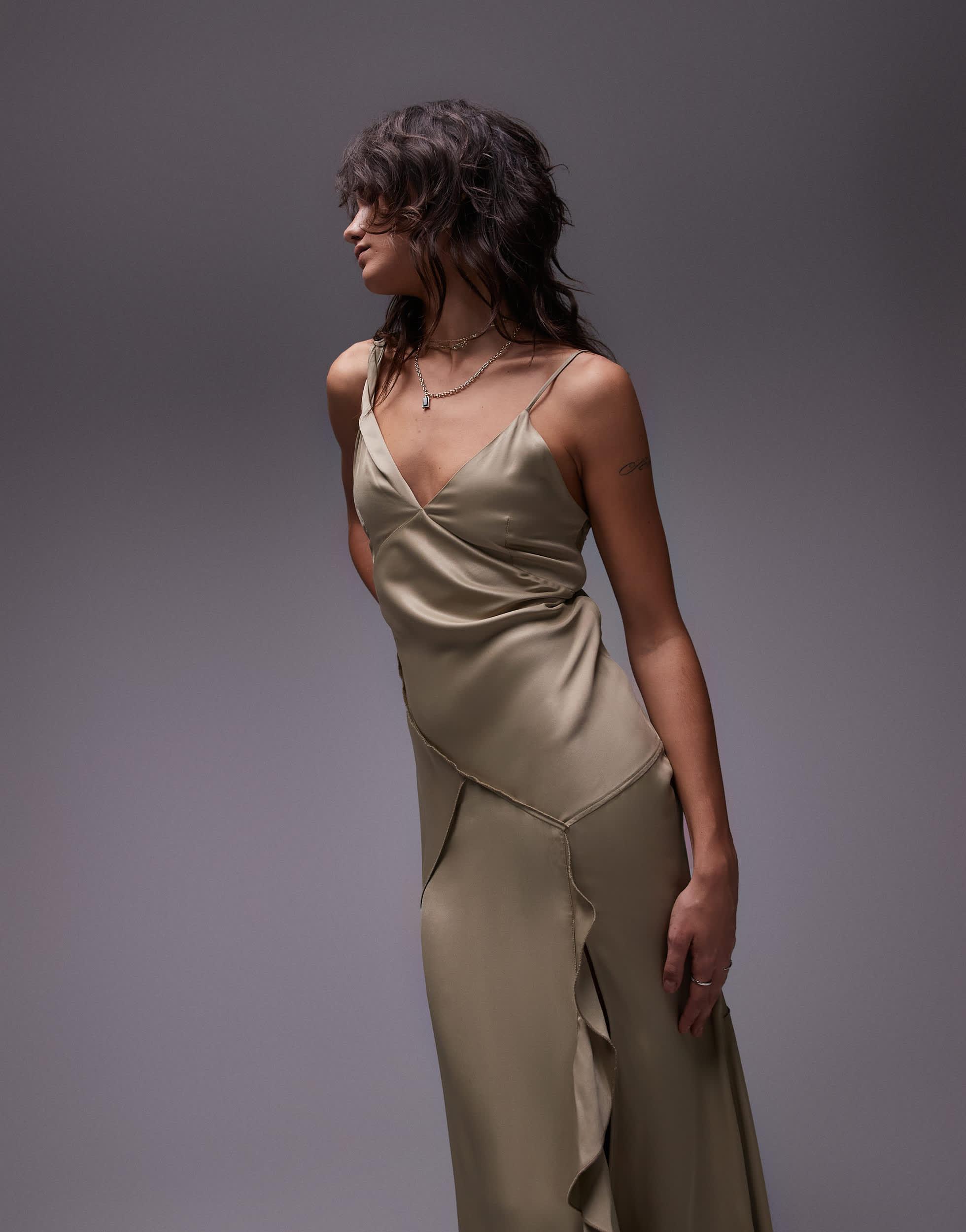TOPSHOP Twist Shoulder Exposed Seam Midi Slip Dress in Gray | Lyst