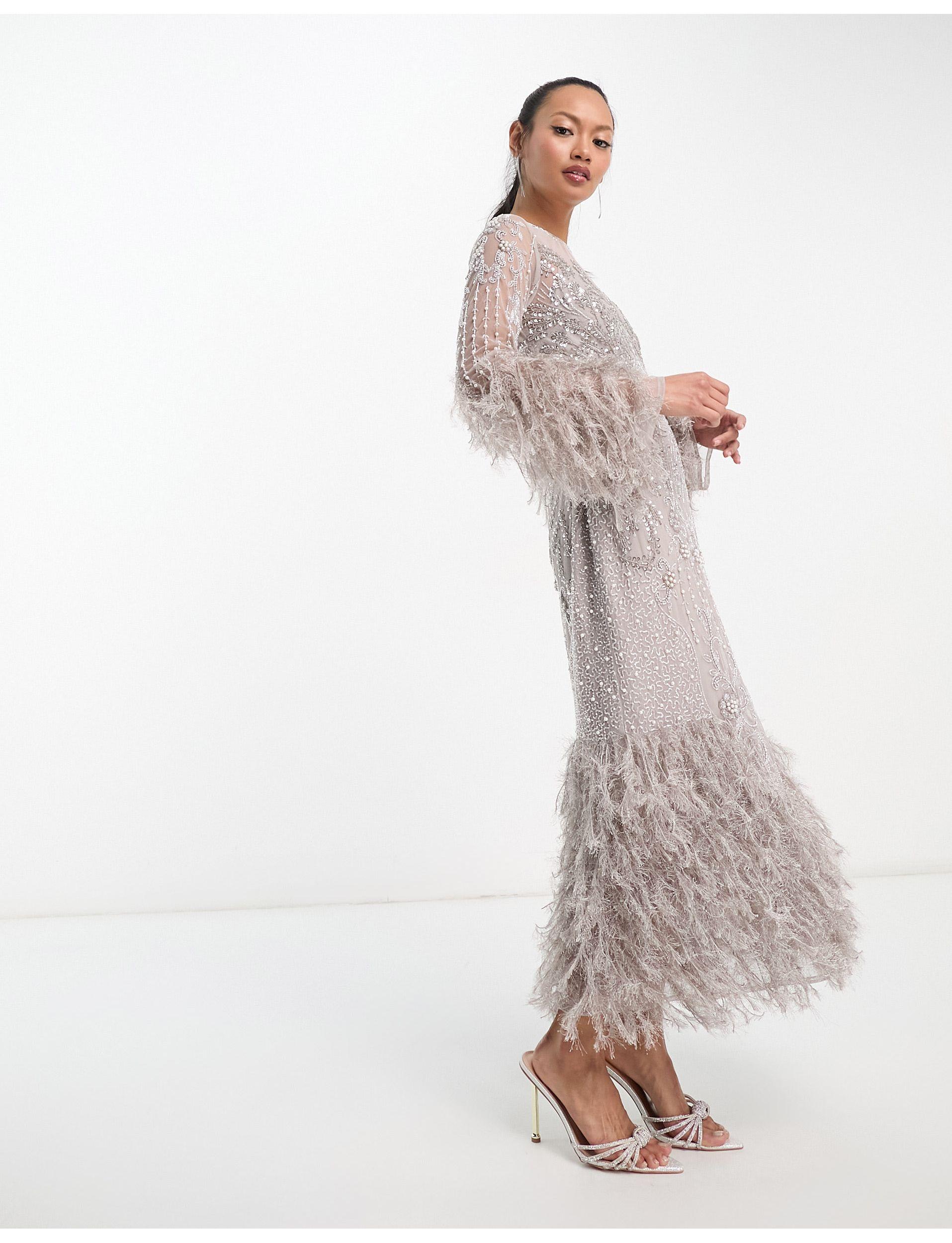 ASOS Pearl And Sequin Long Sleeve Midi Dress With Faux Feather Hem