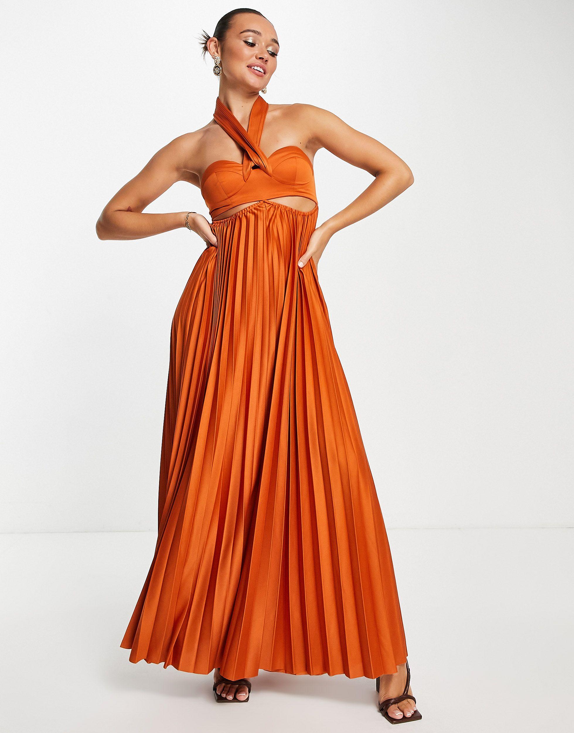 ASOS Halter Pleated Cut Out Maxi Dress in Orange | Lyst Canada