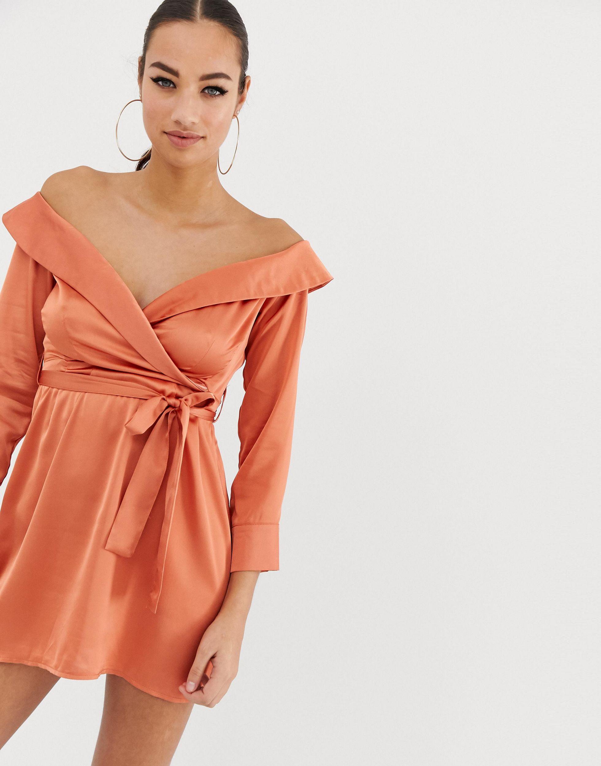 Missguided Satin Off Shoulder Midi Dress in Pink - Lyst