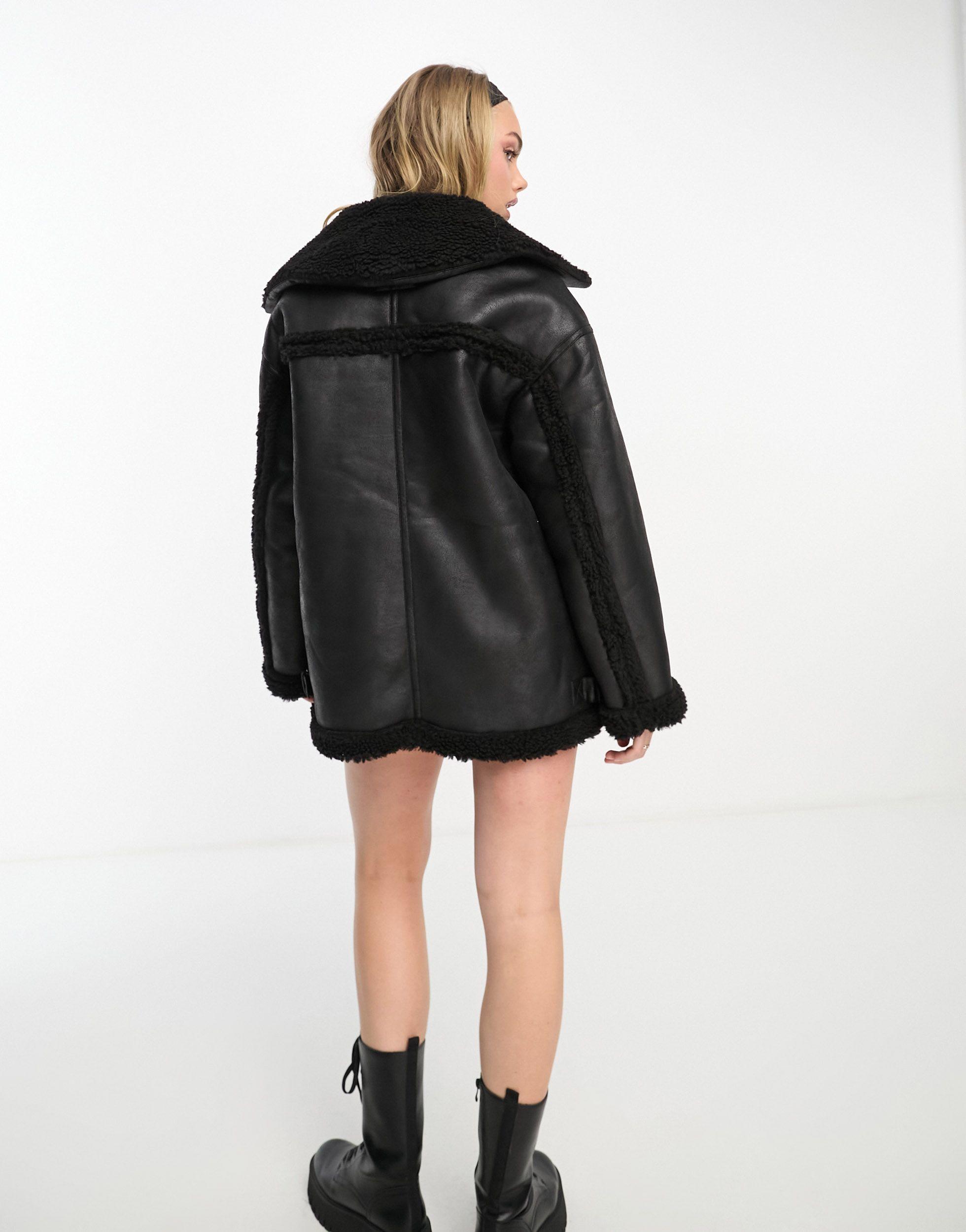 Faux Leather And Shearing Aviator Jacket