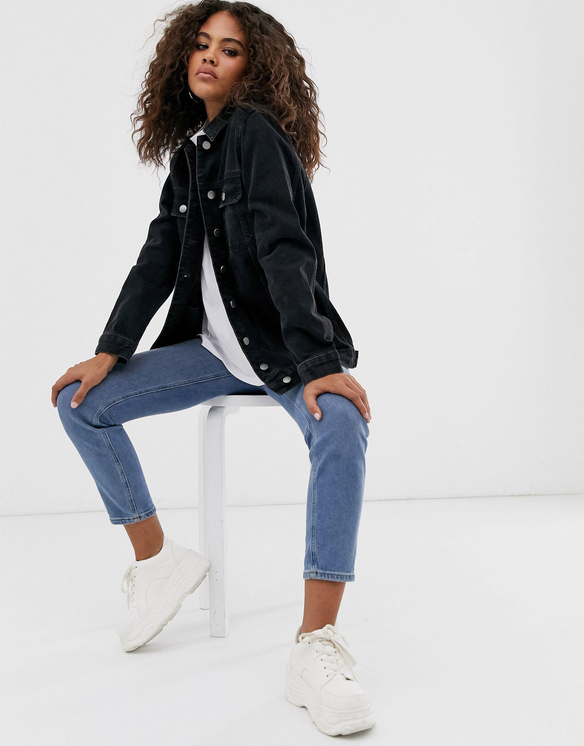 asos design denim girlfriend jacket in washed black