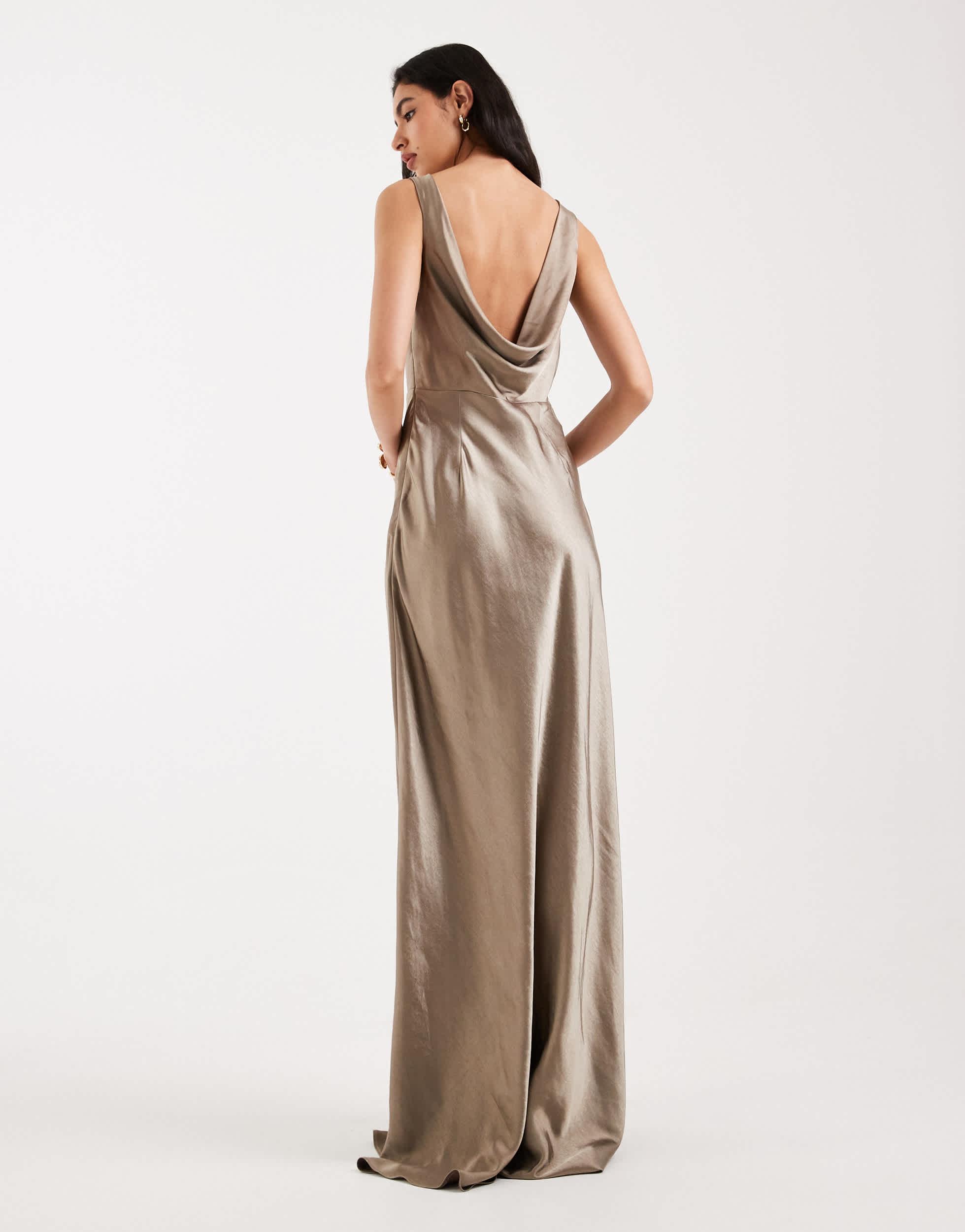 Six Stories Bridesmaids Satin Cowl Back Maxi Dress in Natural | Lyst