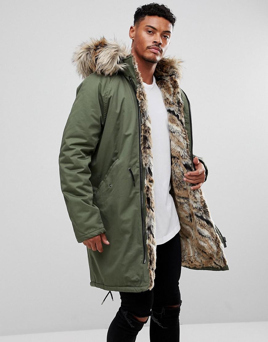 River Island Parka Jacket With Faux Fur Lining In Khaki in Green for Men |  Lyst Australia