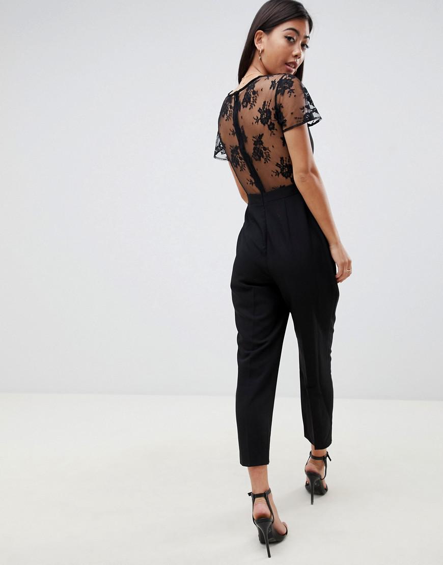 ASOS Asos Design Petite Jumpsuit With Lace Detail & Tapered Leg in Black |  Lyst