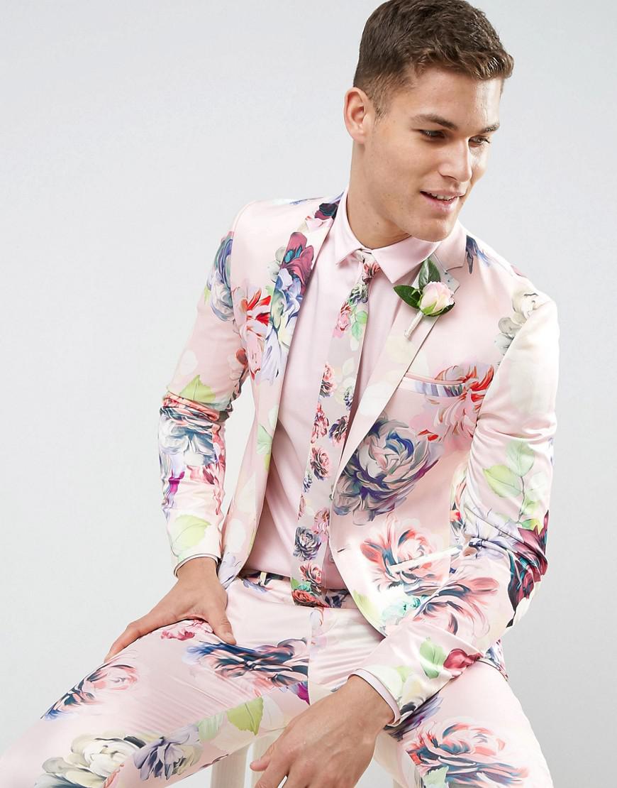 ASOS Wedding Super Skinny Suit Jacket With Nude Floral Print in Pink for  Men | Lyst