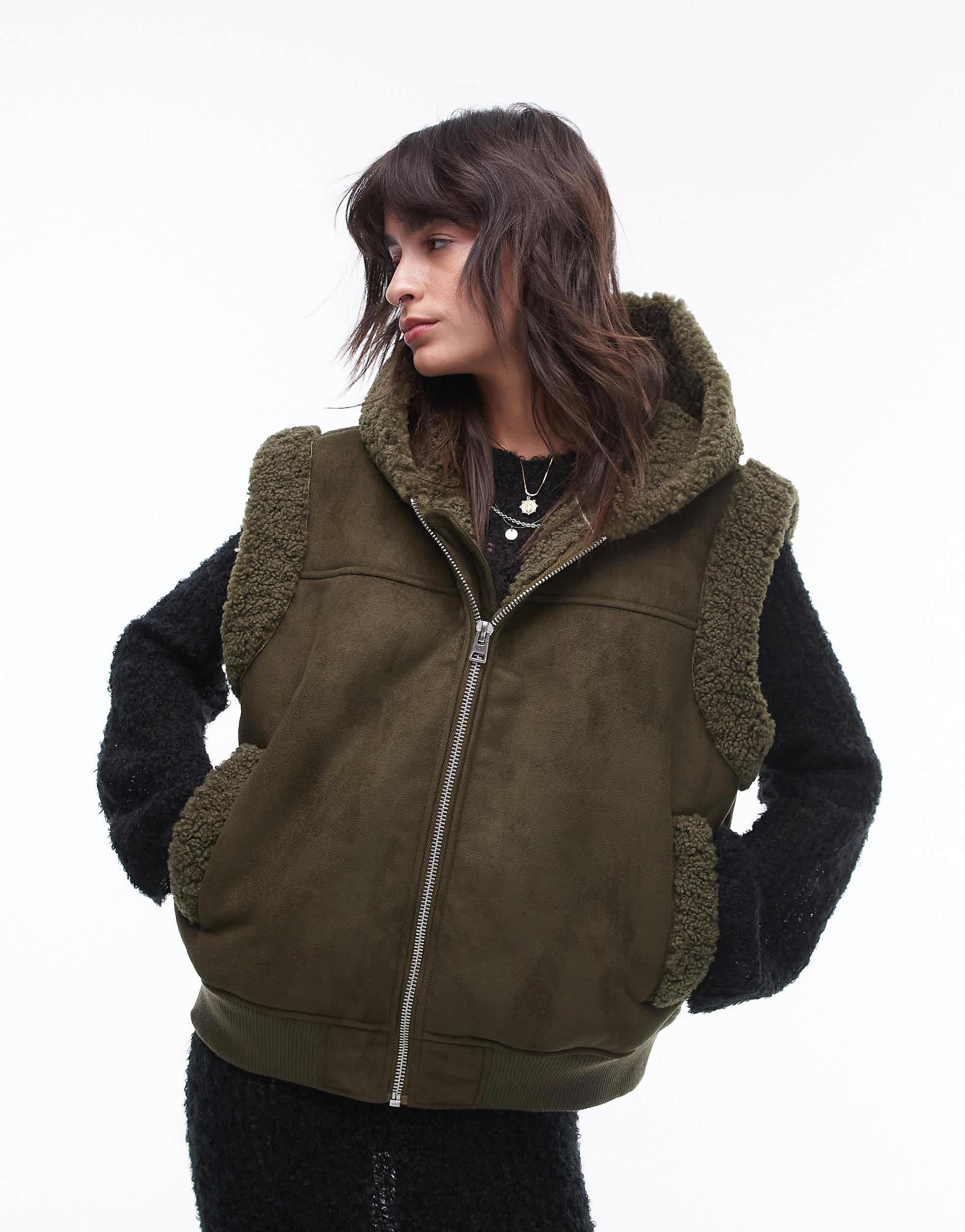 TOPSHOP Suede Gilet in Brown Lyst
