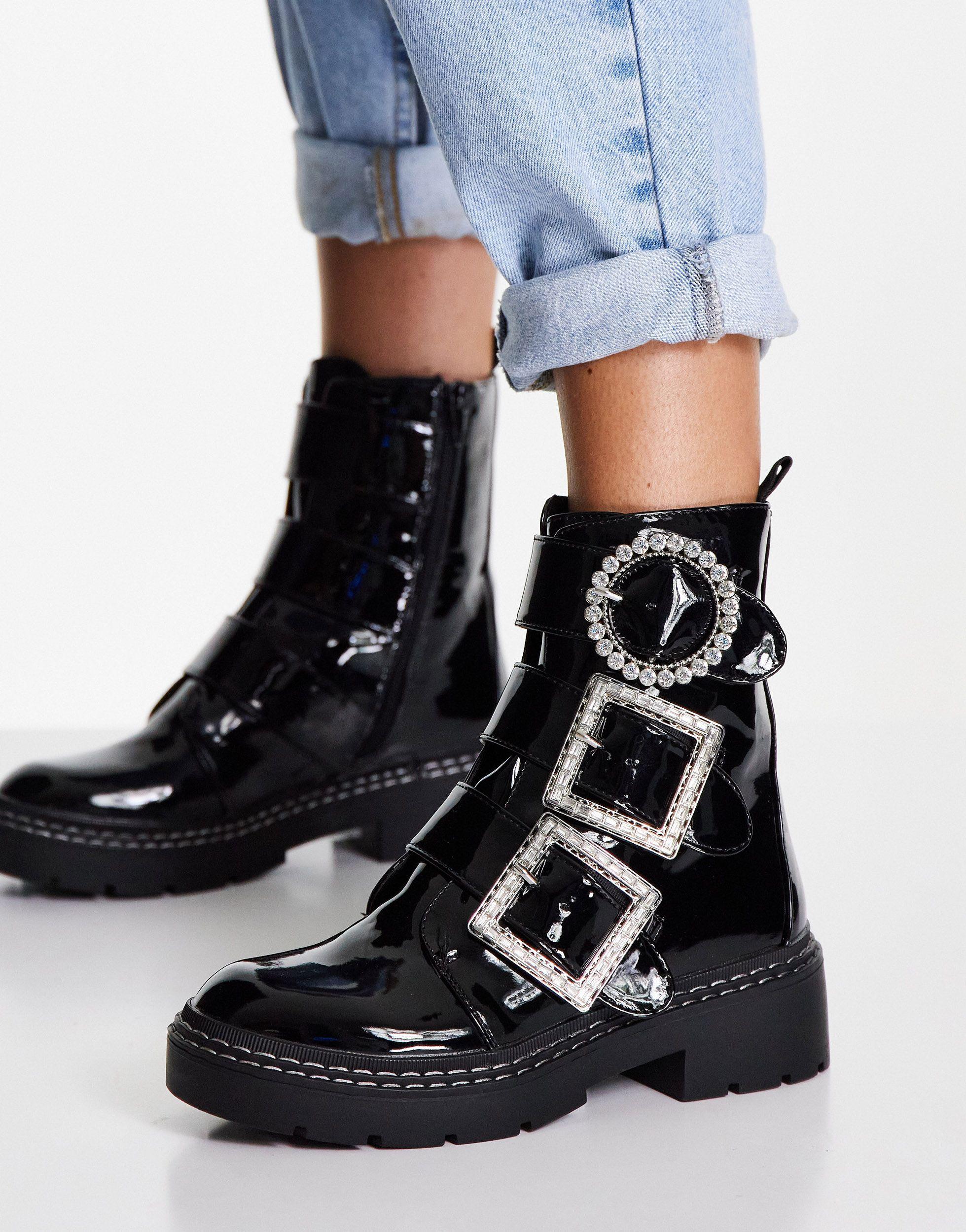 River Island Diamante Buckled Flat Boots in Black | Lyst