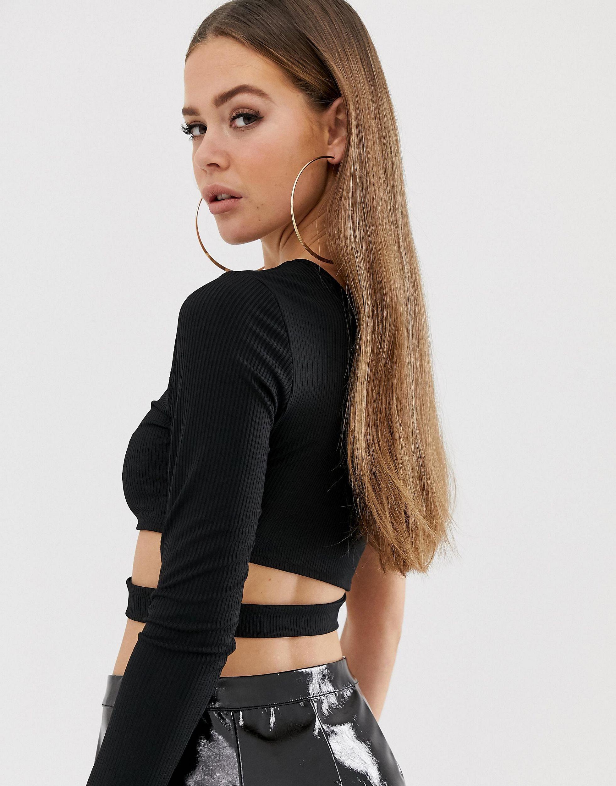 one shoulder black top long sleeve