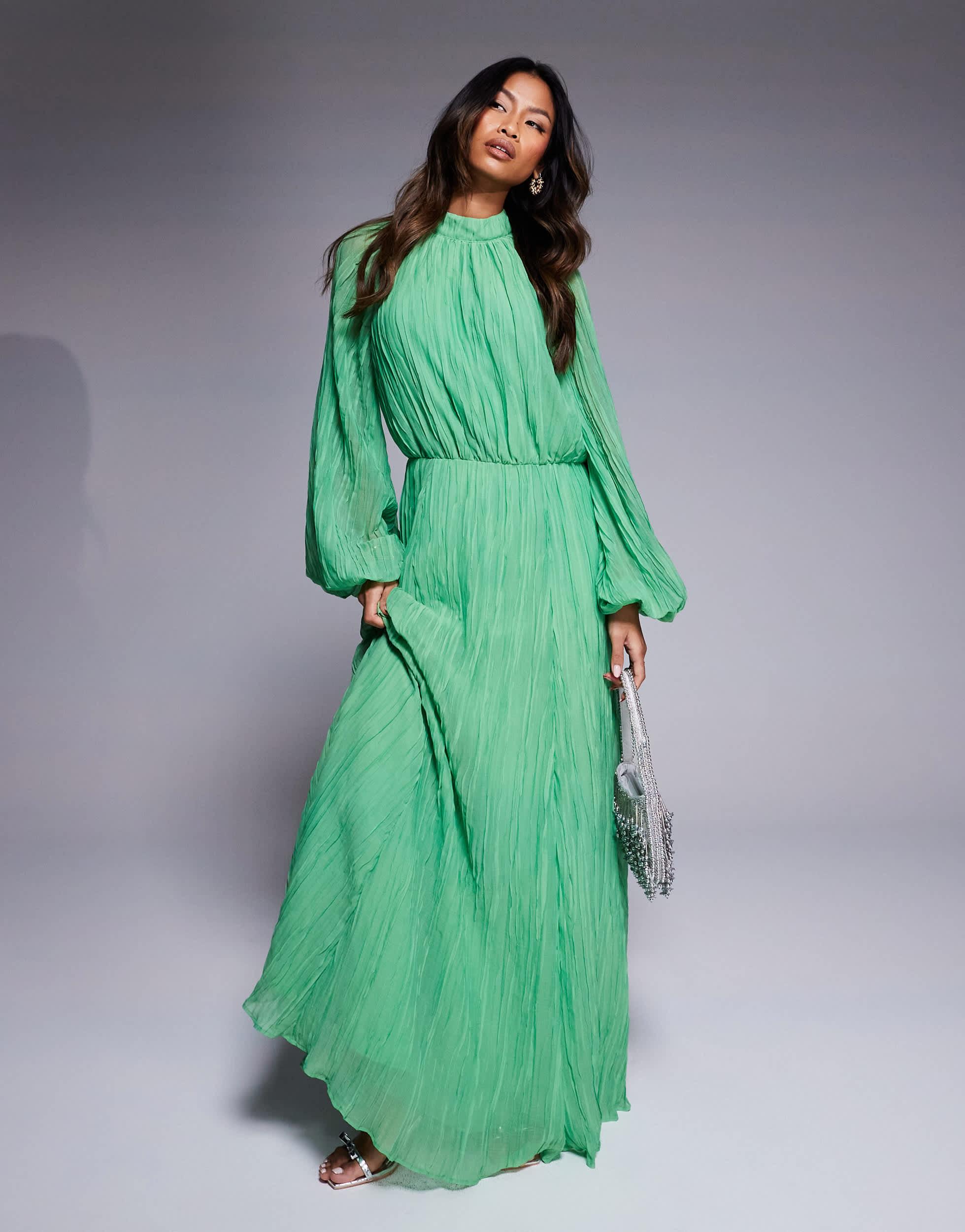 ASOS Crinkle Pleat Blouson Sleeve High Neck Maxi Dress in Green | Lyst