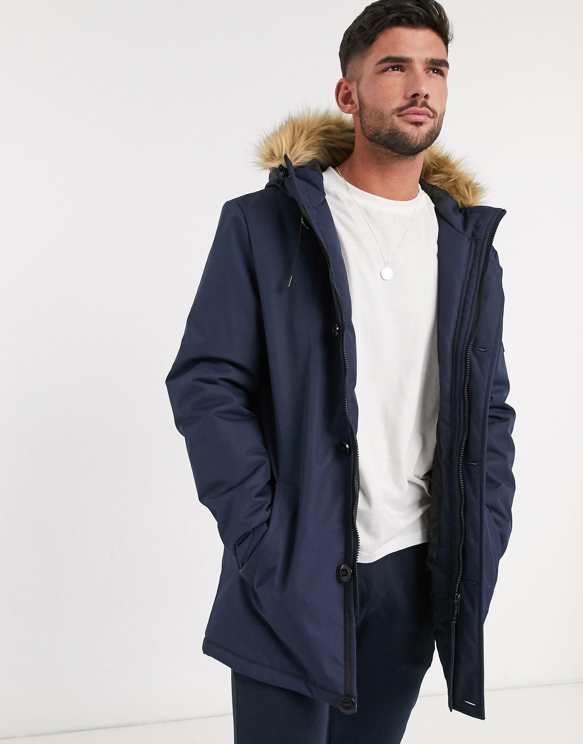 Mens Bench Wadded Fur Parka Jacket In Navy Zip Fastening With Hook And Loop