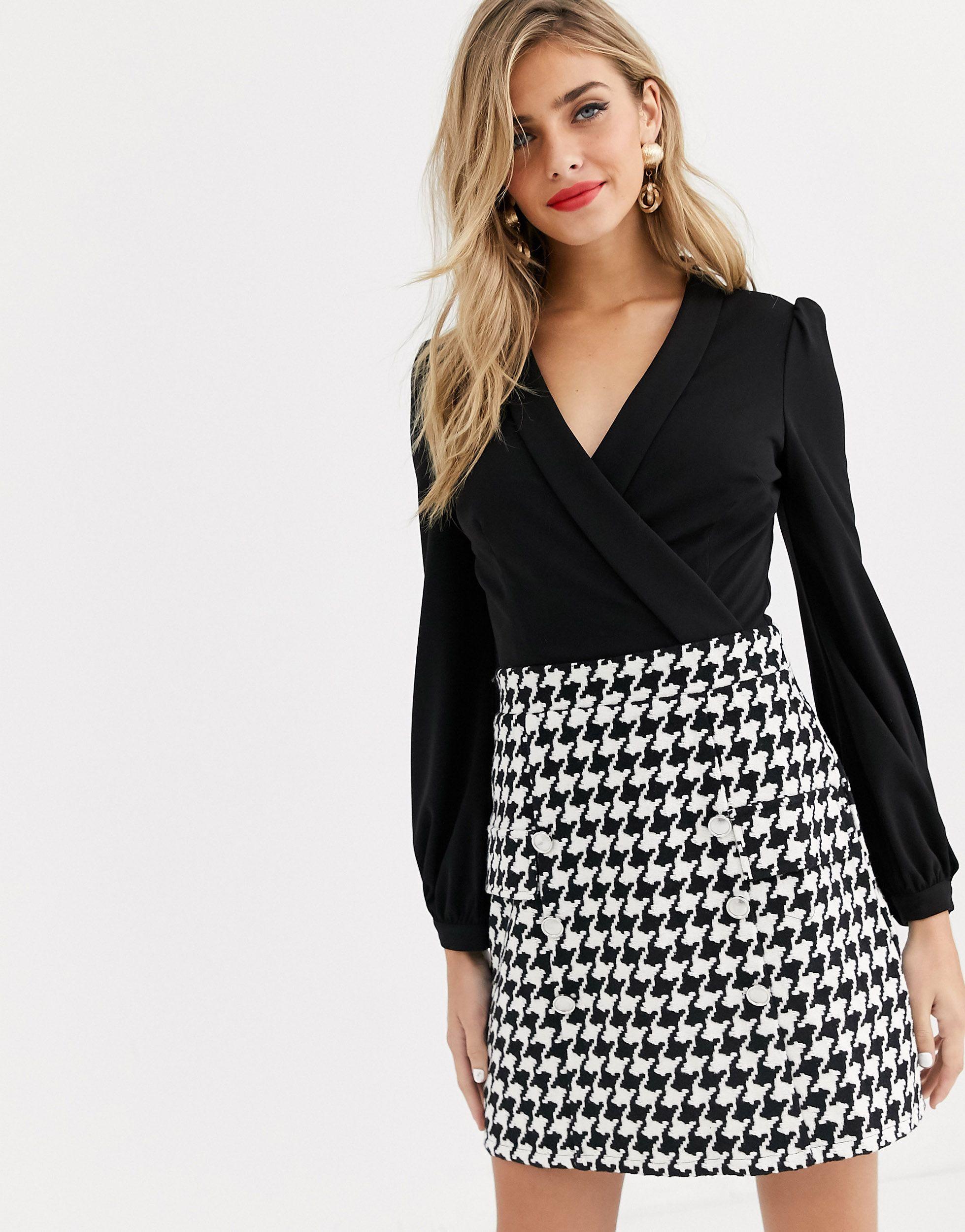 Lipsy Synthetic 2 In 1 Keyhole Front Aline Dress In Black Houndstooth - Lyst