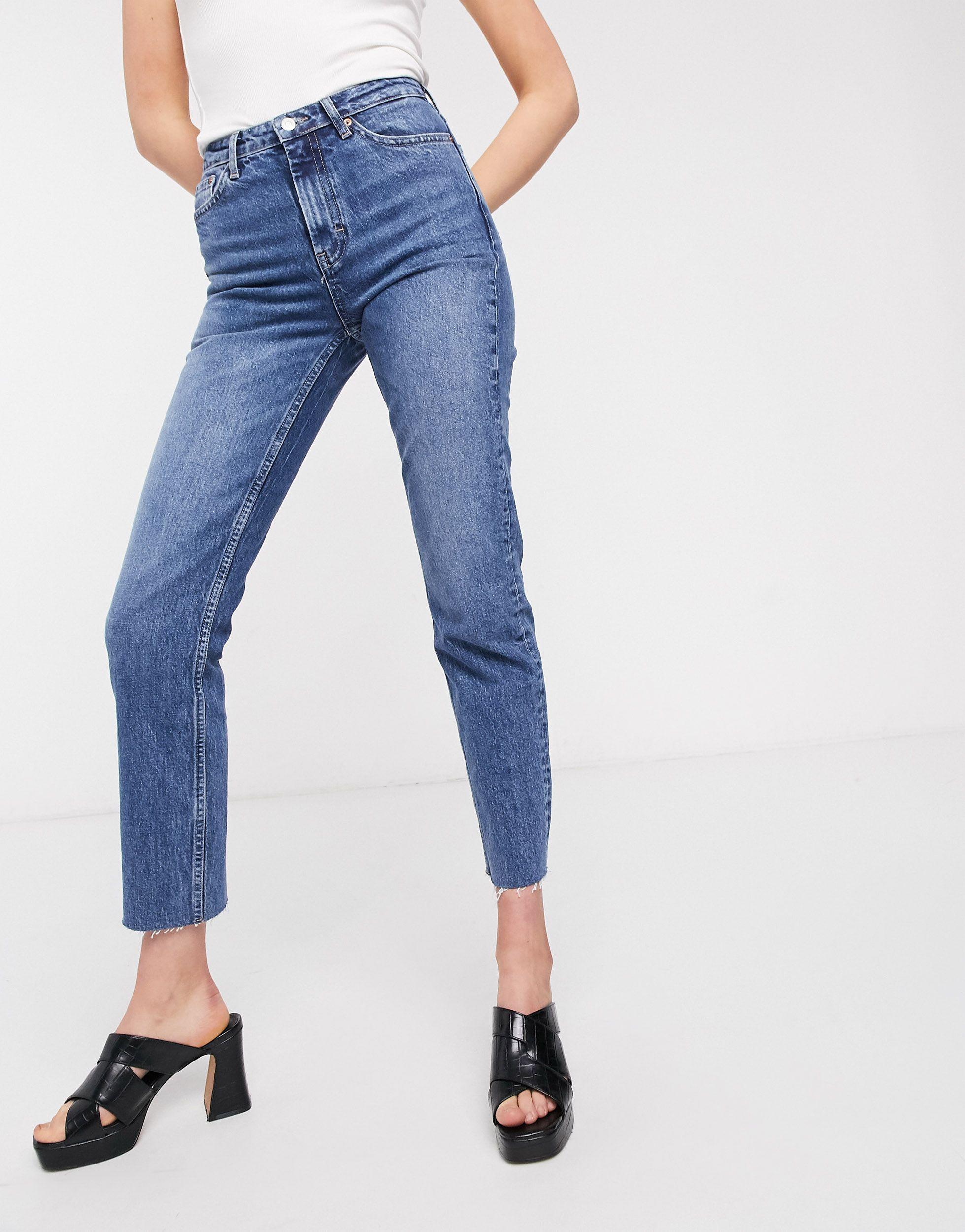 TOPSHOP Denim Tall Mid Blue Raw Hem Straight Jeans - Save 60% | Lyst