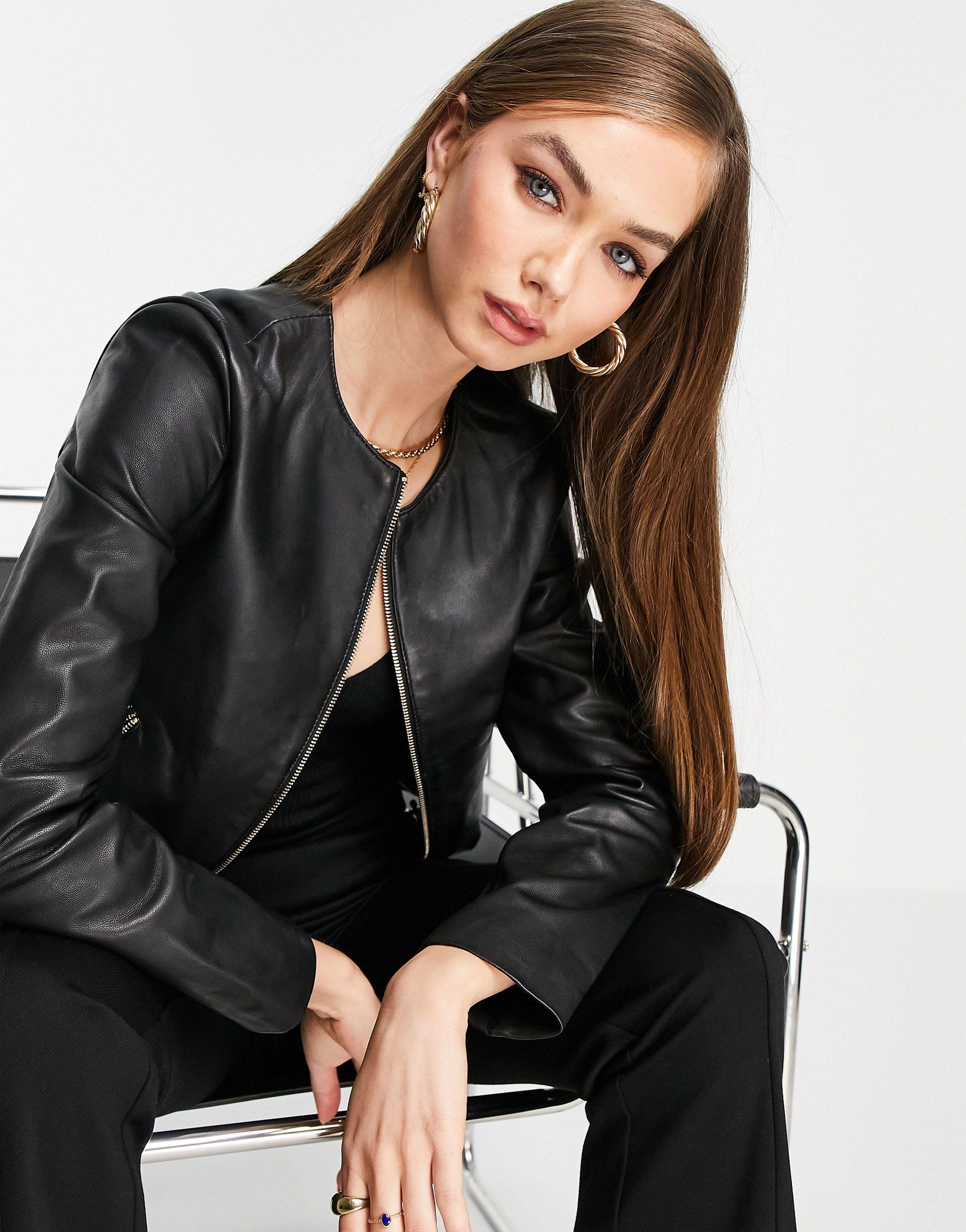 Mango Collarless Leather Jacket in Black | Lyst UK