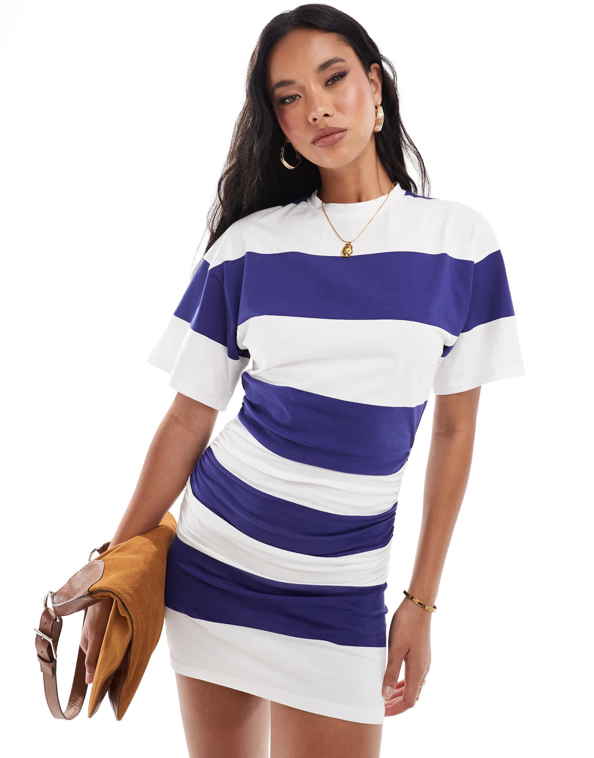 ASOS Gestreepte Mini T shirtjurk Met Ronde Hals En Gerimpelde Zijkant in het Blauw Lyst NL