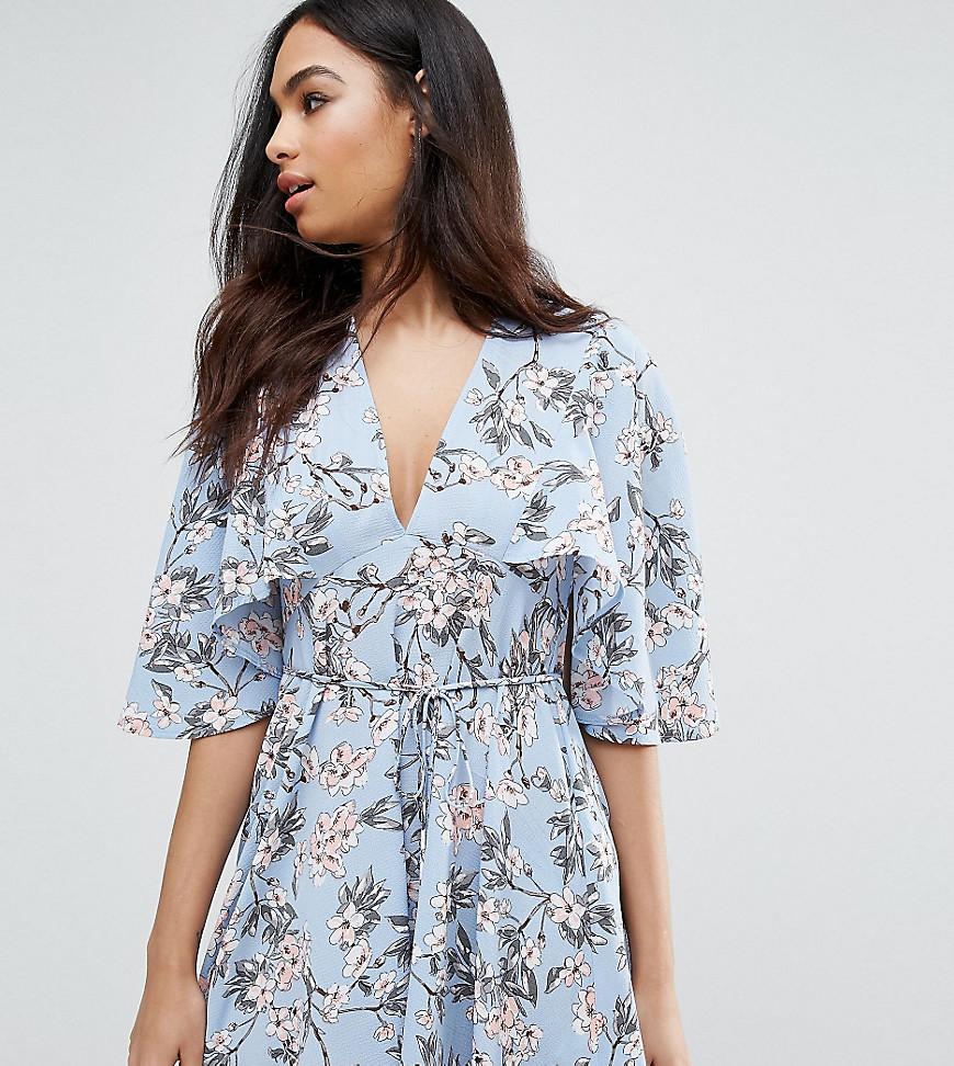blue floral ruffle tea dress