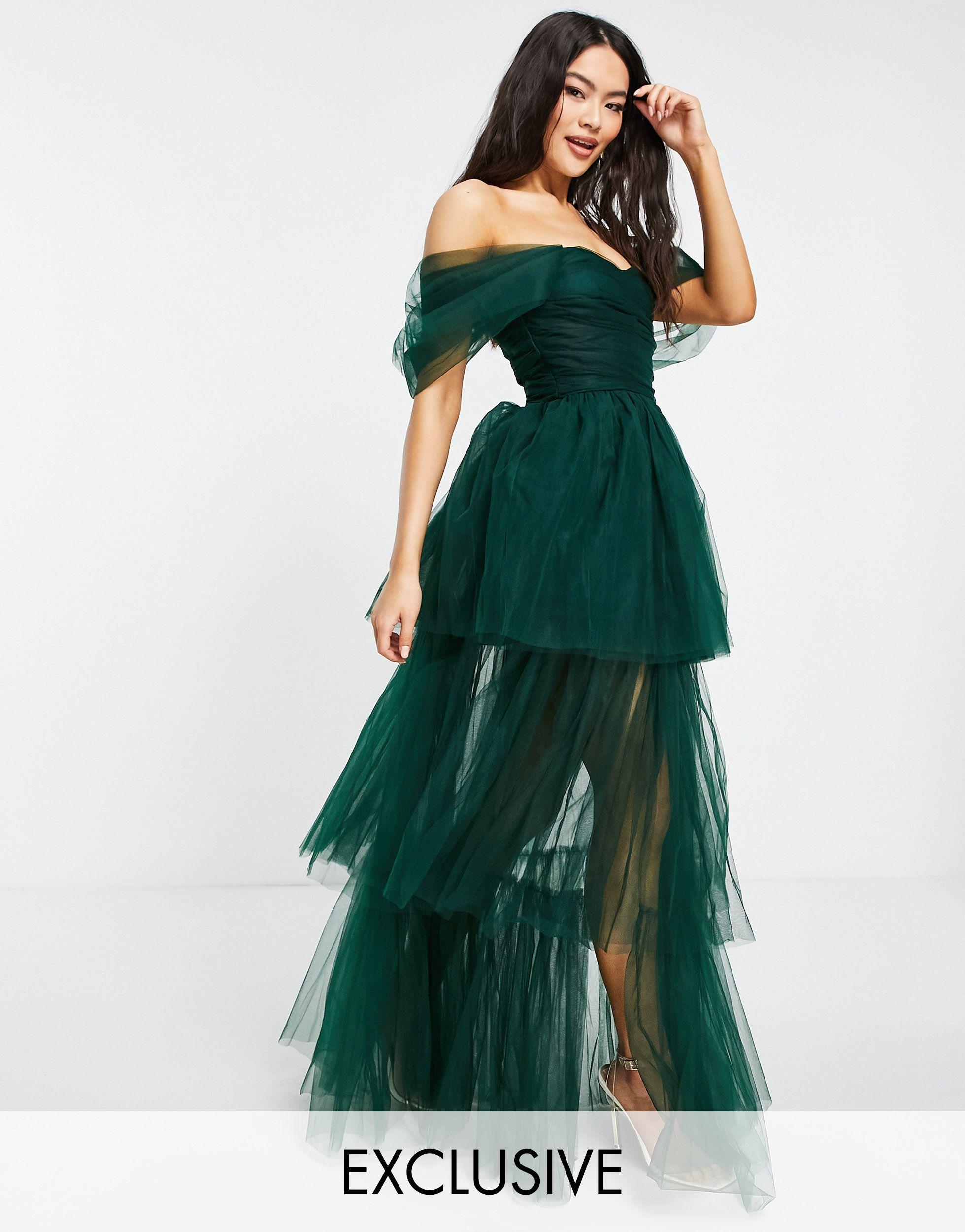 LACE & BEADS Exclusive Off Shoulder Tulle Maxi Dress in Green | Lyst
