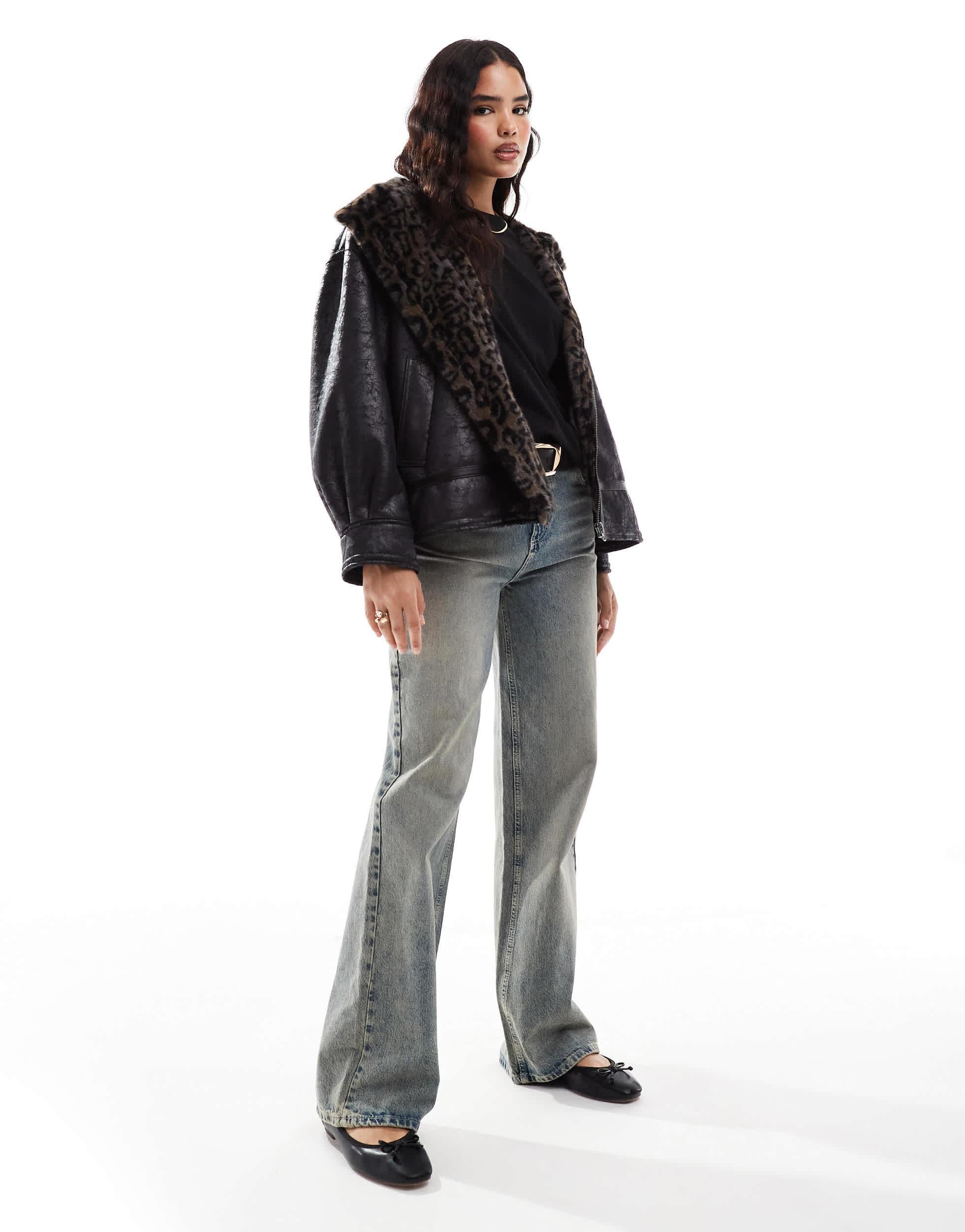 Stradivarius 黒 フェイクファー ジャケット M Stradivarius faux fur trim faux leather biker jacket in