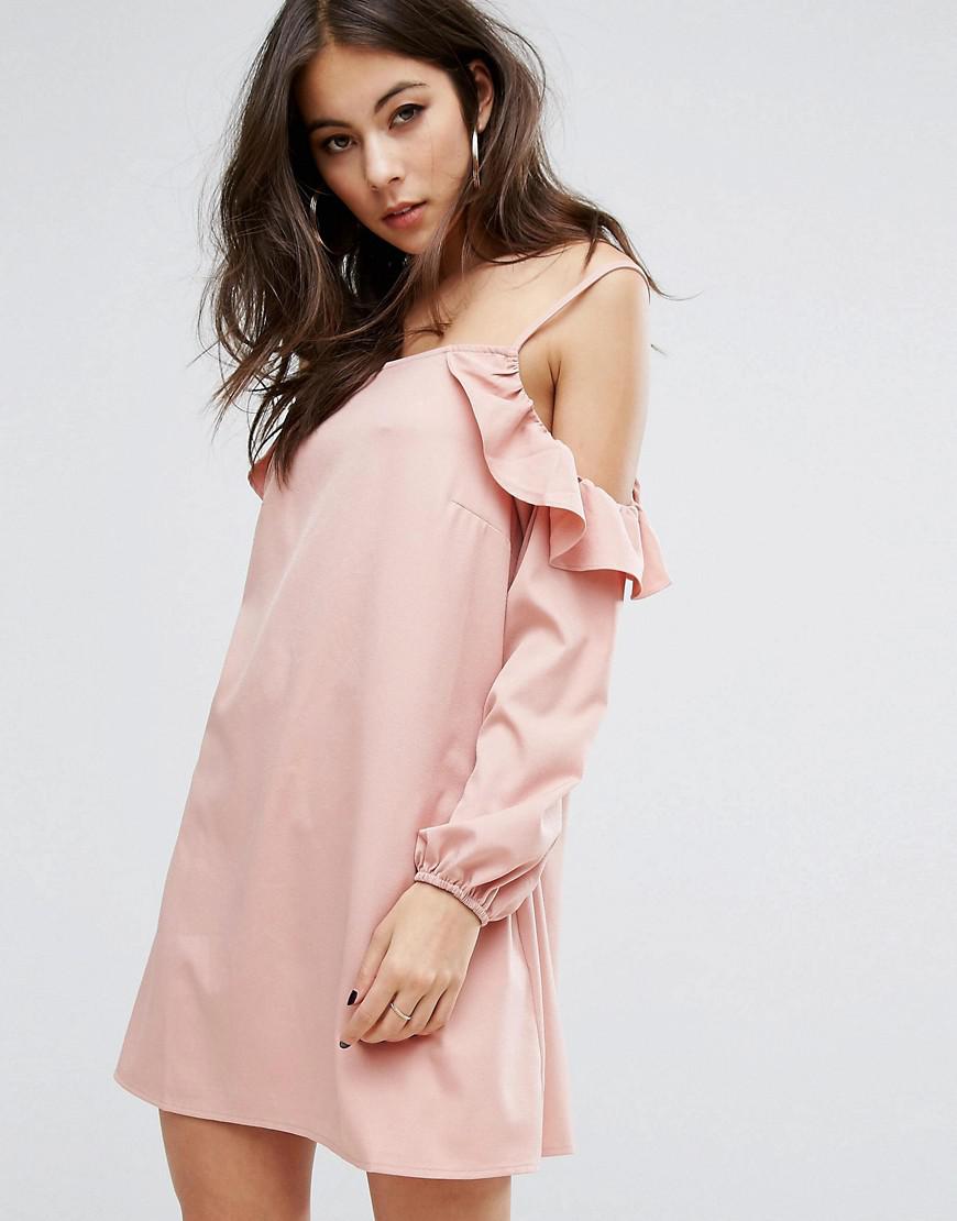 Lyst - Prettylittlething Cold Shoulder Frill Swing Dress in Pink