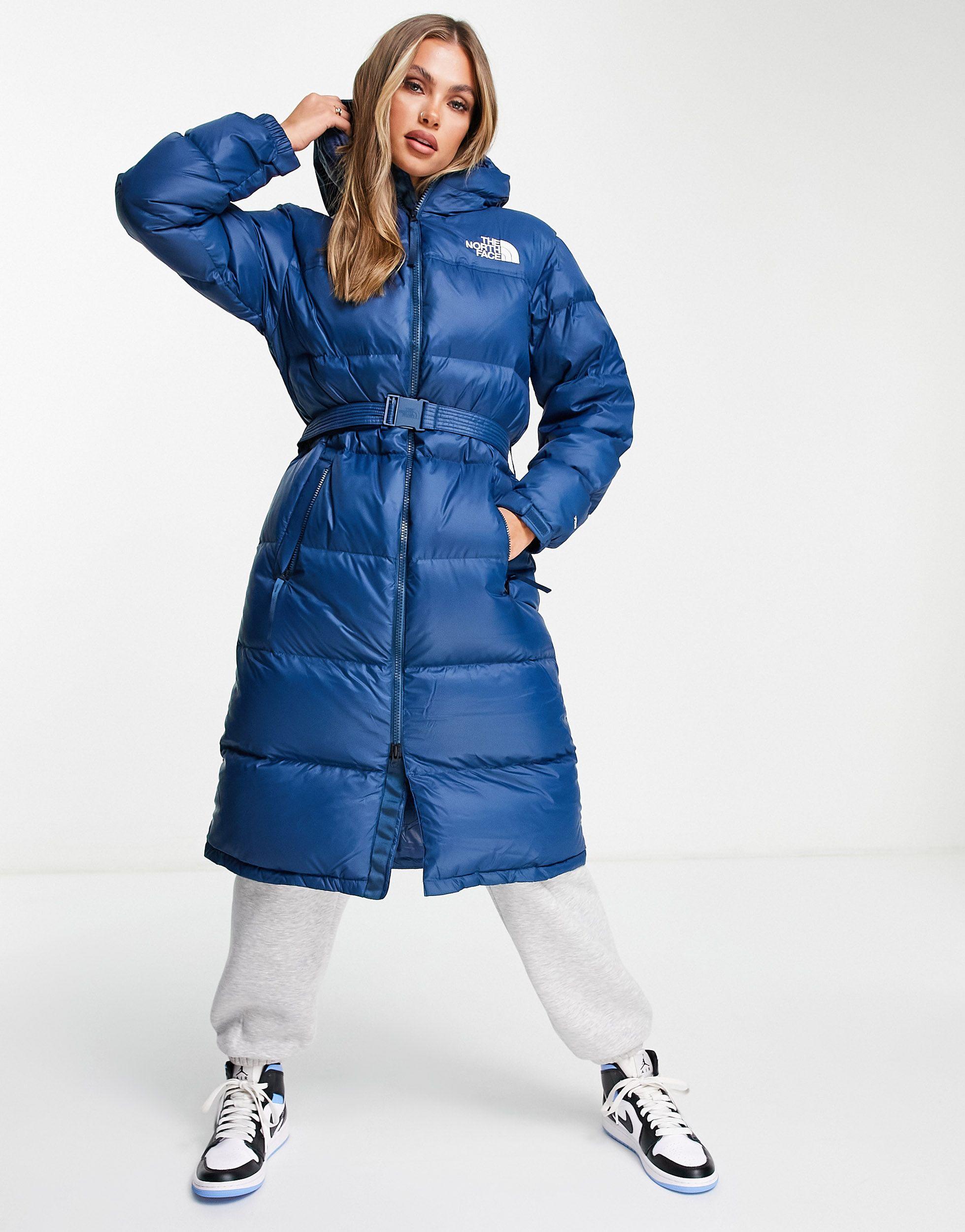 The North Face Nuptse Belted Long Puffer Coat in Blue | Lyst