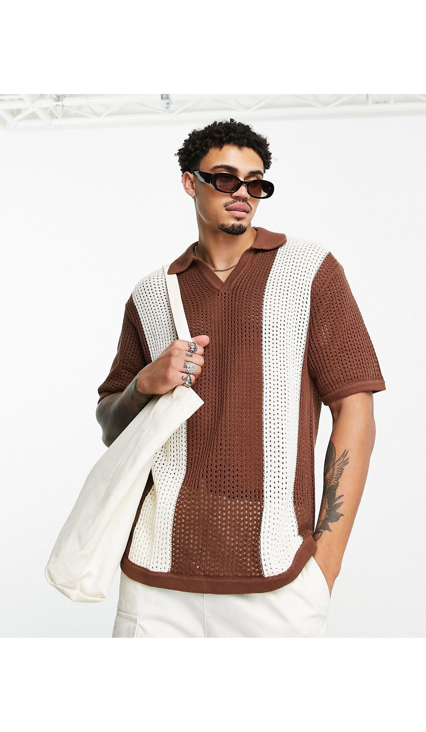 Bershka Crochet Wide Stripe Polo in Brown for Men | Lyst
