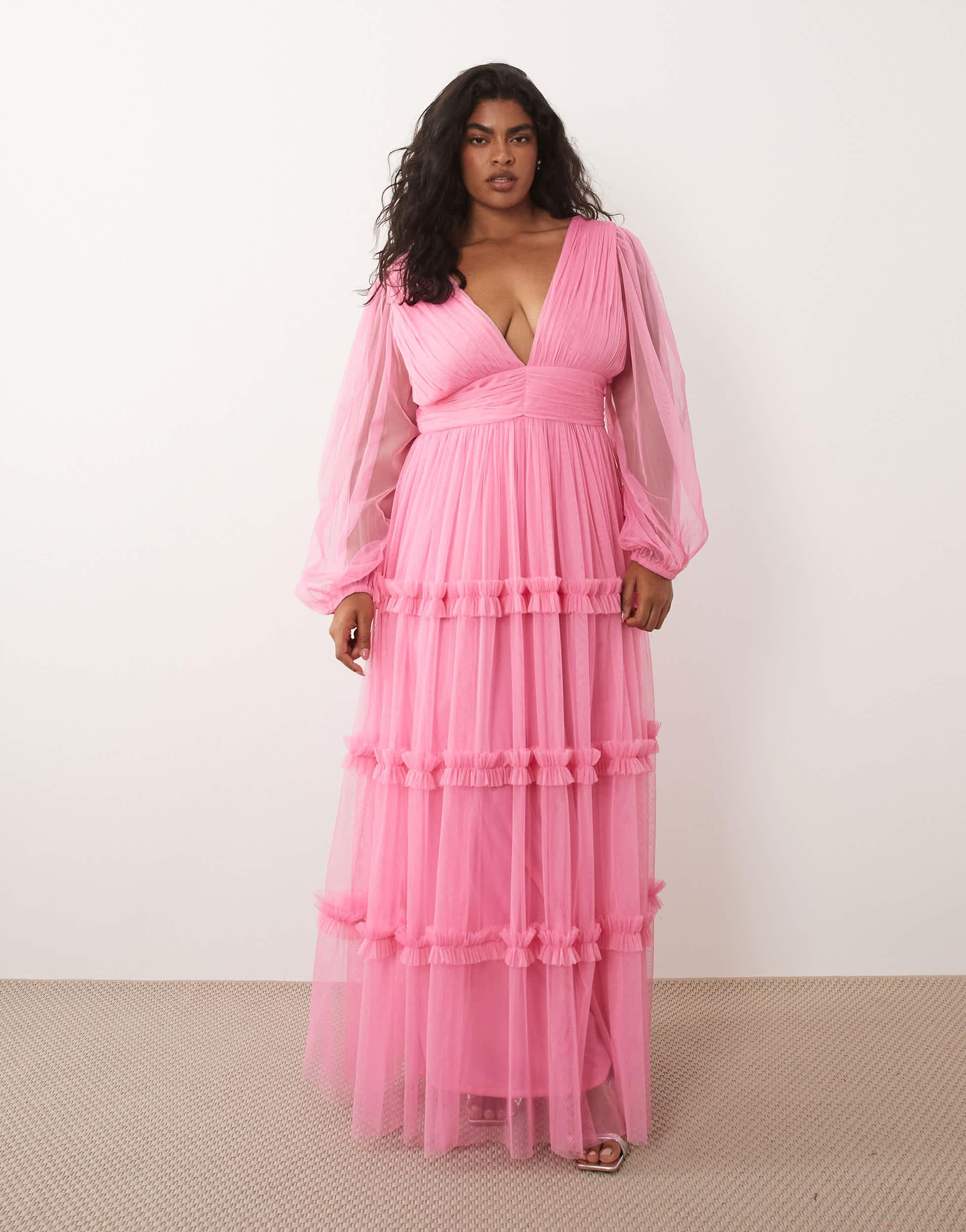 lace & beads layered tulle bardot maxi dress in lilac Lace & Beads Petite ruffle shoulder tiered tulle maxi dress in lilac floral