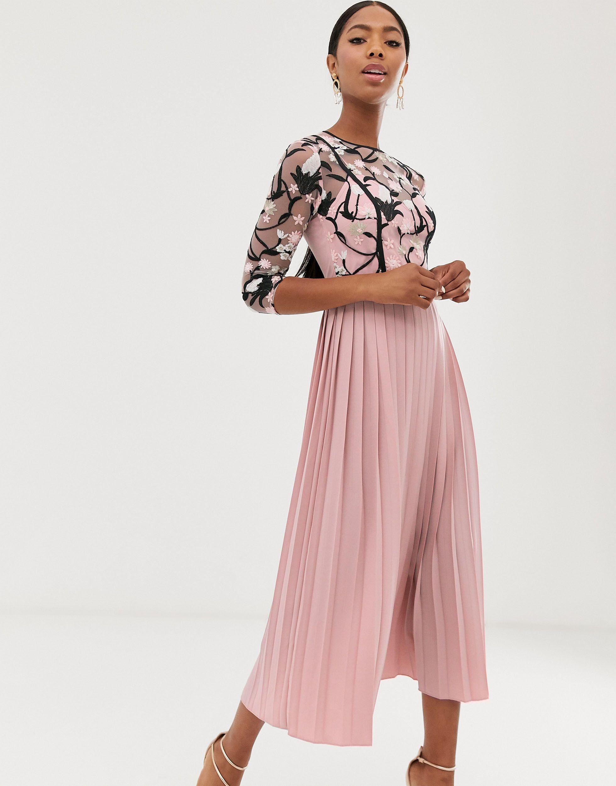 Little Mistress Lace Embroidered Top 3/4 Sleeve Midi Dress With Pleated  Skirt in Pink | Lyst