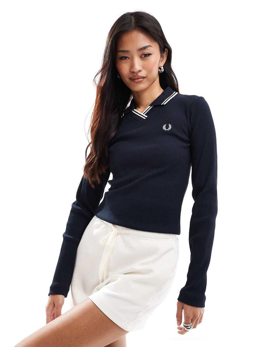 トップス Fred Perry Long Sleeve Ribbed Polo Shirt Fred Perry Long Sleeve Ribbed Polo Shirt in Blue | Lyst UK