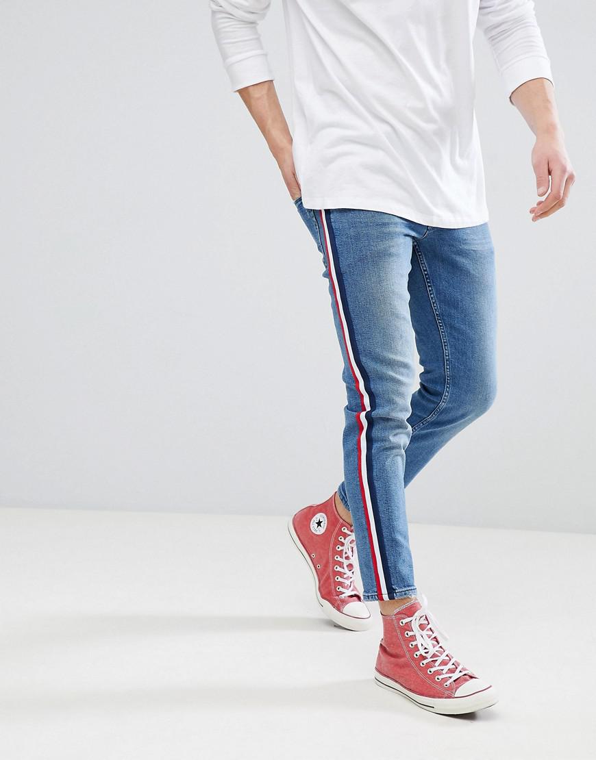 mens white jeans with side stripe