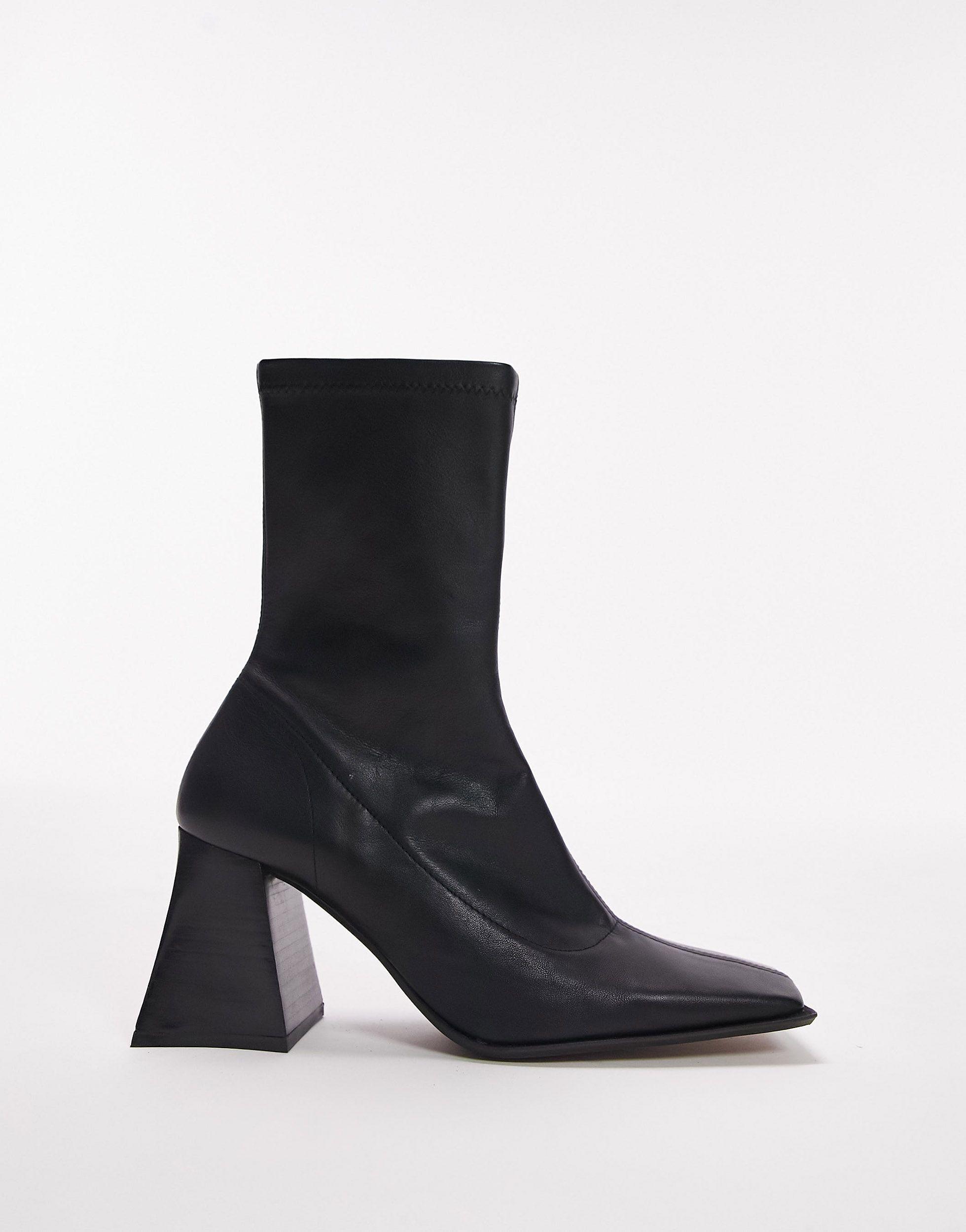 TOPSHOP Honey Premium Leather Block Heel Ankle Boot in Black | Lyst