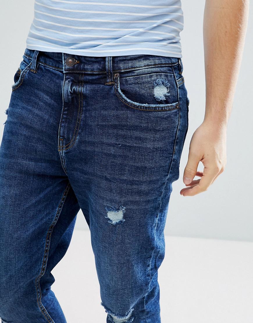Bershka Denim Skinny Tapered Jeans In Mid Blue Wash for Men - Lyst