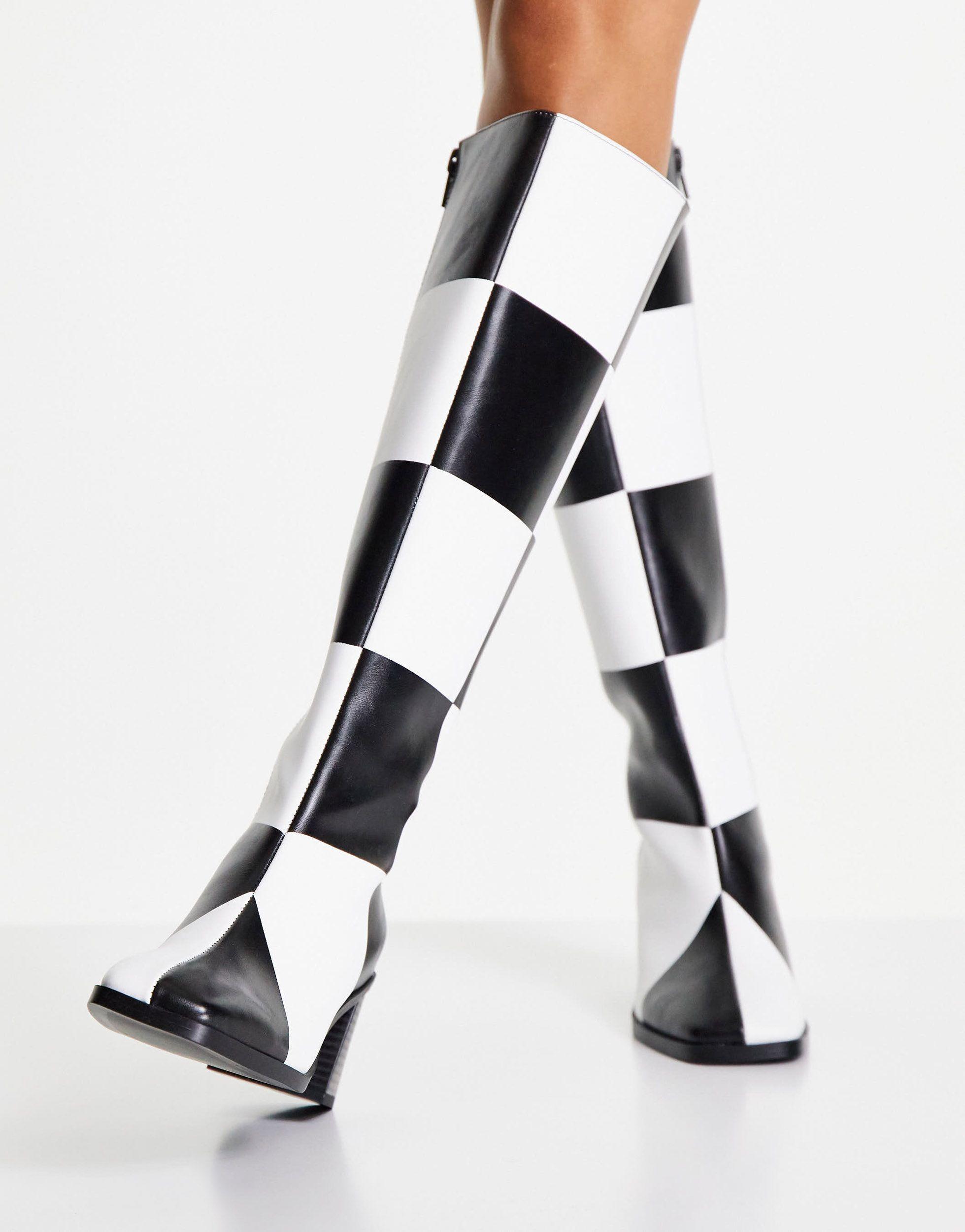 Monki Polly Vegan-friendly Checkerboard Knee-high Heeled Boots in