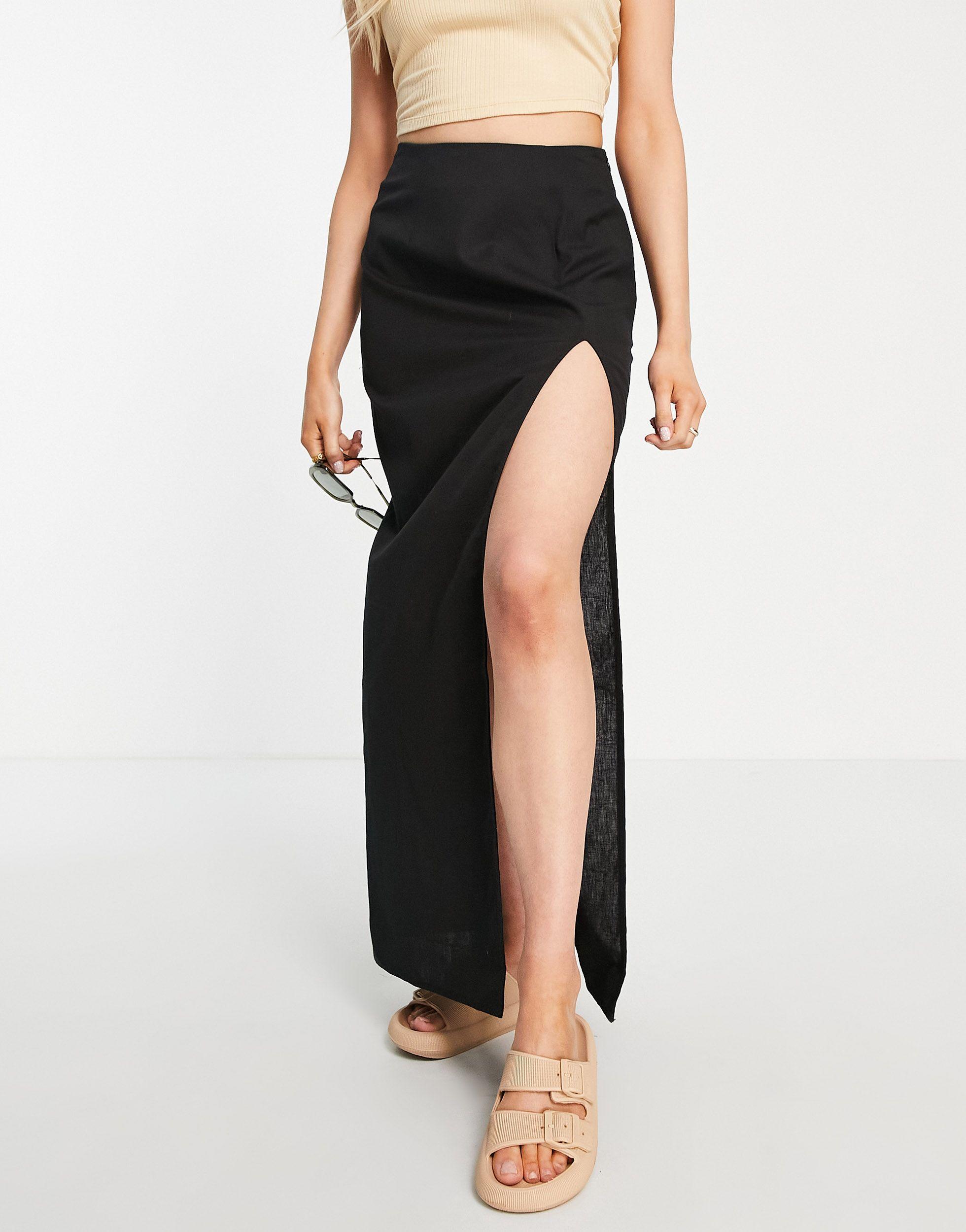 ASOS Linen Maxi Skirt With Split in Black | Lyst UK