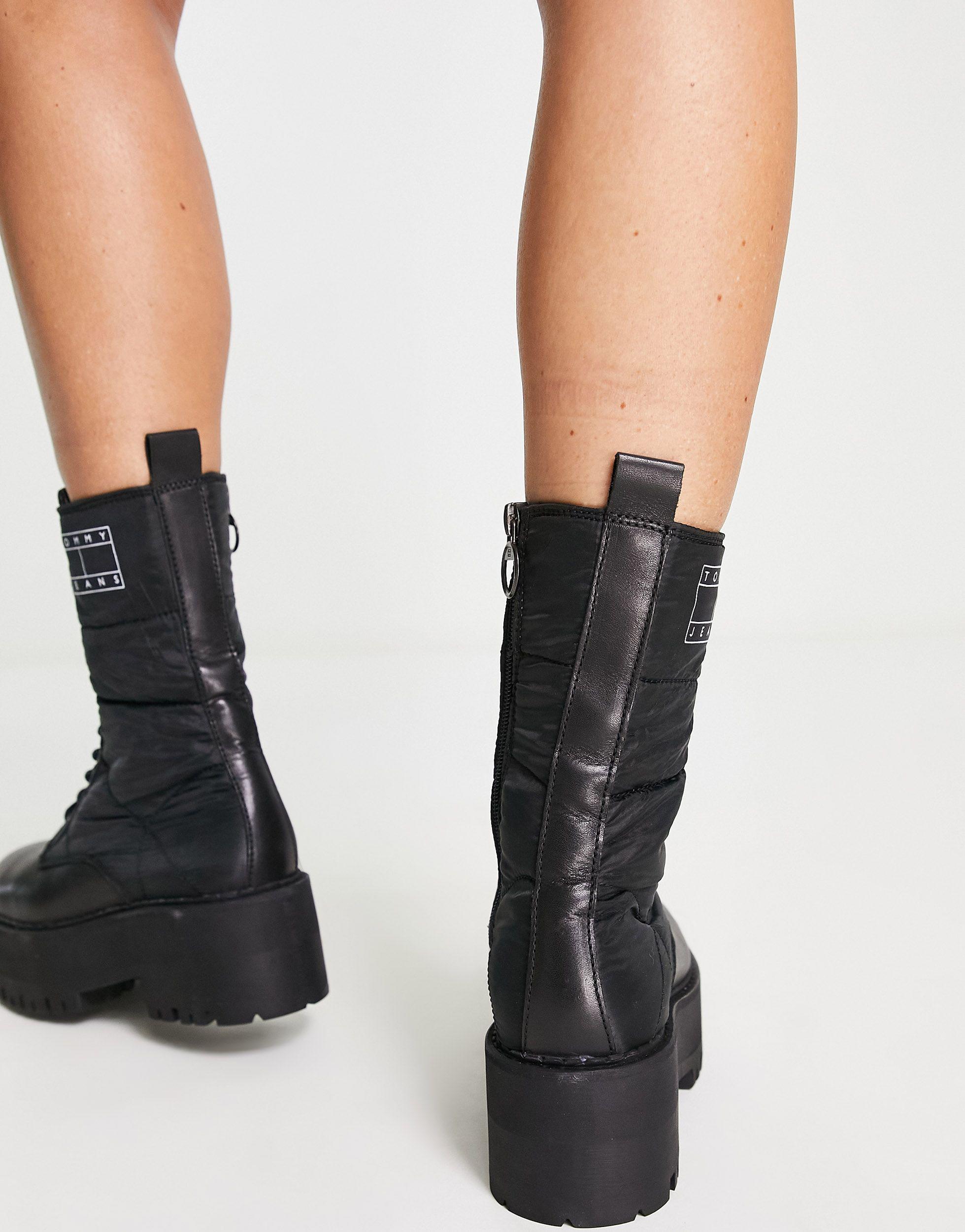 Tommy Hilfiger Leather Flatform Padded Boots in Black | Lyst