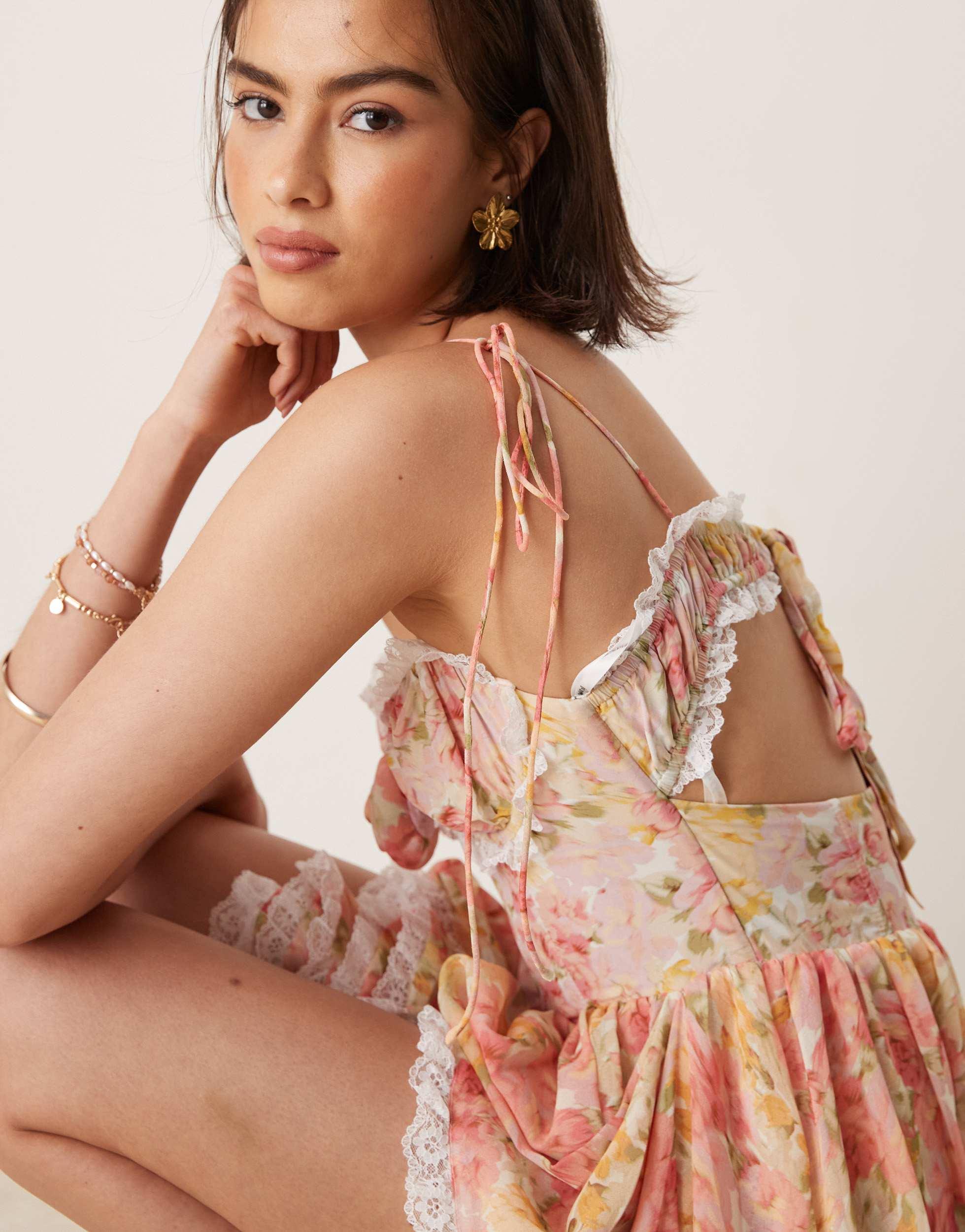 For Love & Lemons Elea Lace Trim Frill Mini Dress in Natural | Lyst For Love & Lemons Elea Lace Trim Frill Mini Dress in Natural | Lyst
