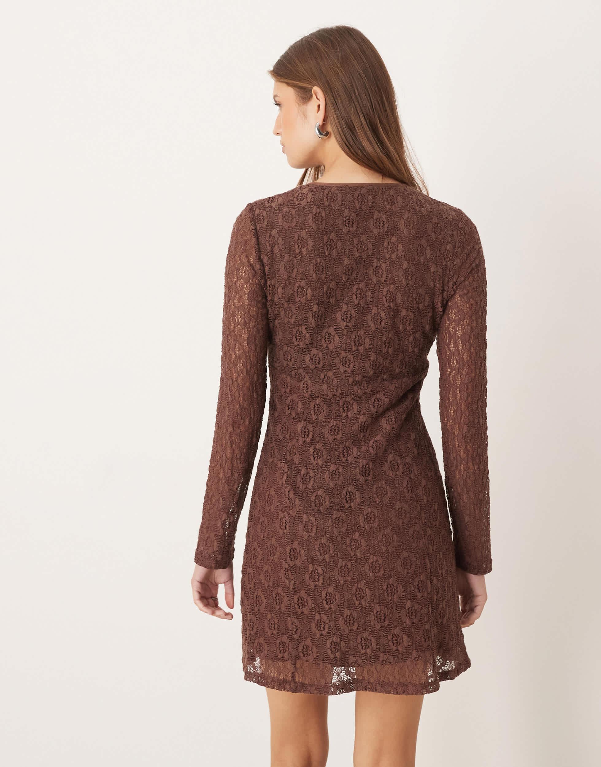 ASOS Lace Long Sleeve Plunge Tie Front Mini Dress in Brown | Lyst