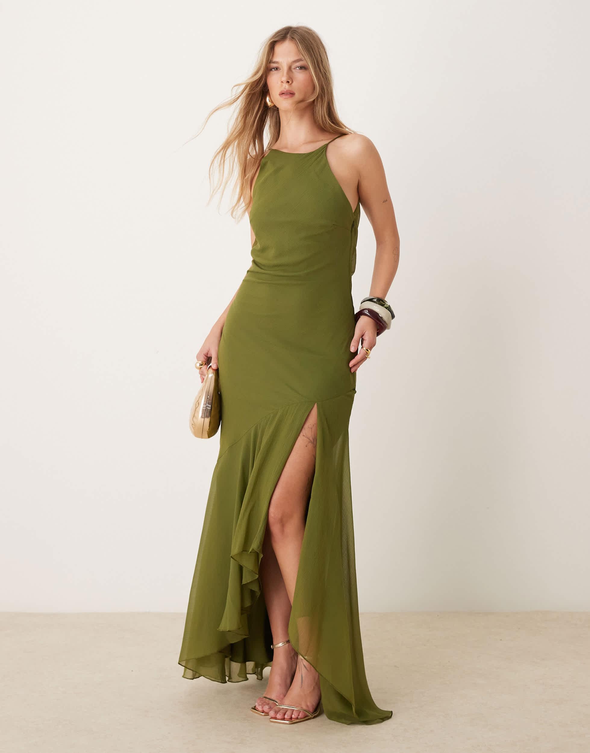 ASOS Racer Neck Low Cowl Back Maxi Dress With High Low Frill Hem in Green |  Lyst Canada