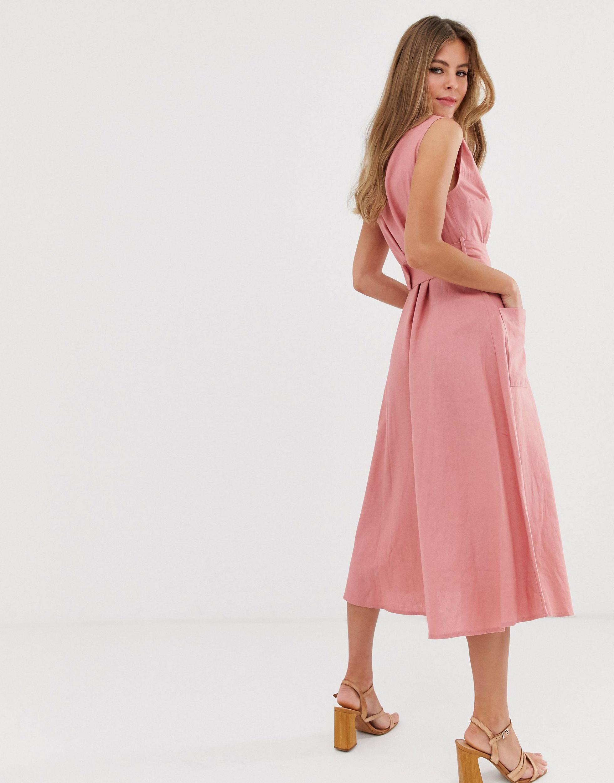 ASOS Linen Button Through Midi Dress With Belt in Pink | Lyst