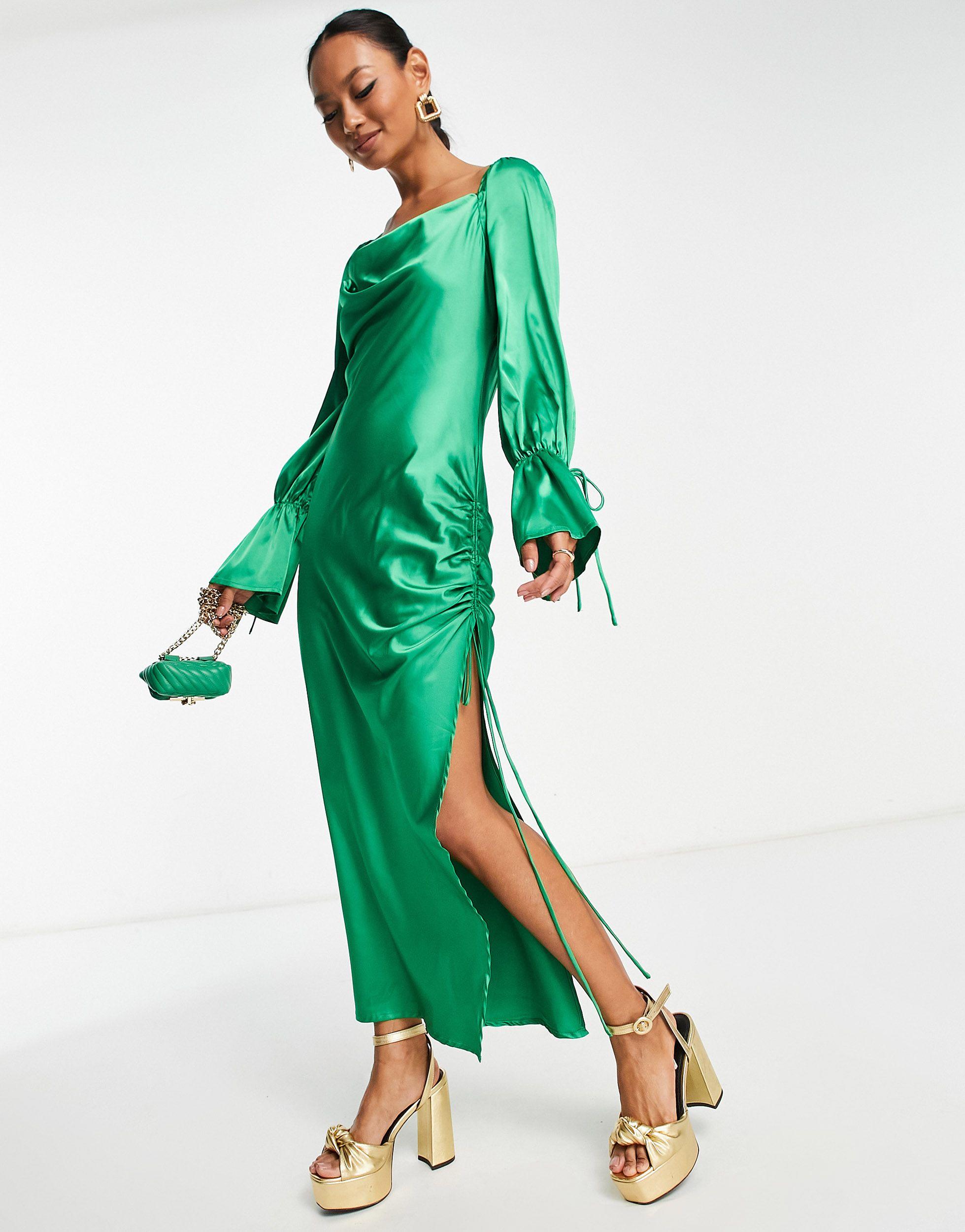 EI8TH HOUR Satin Draped Spilt Side Midi Dress in Green | Lyst