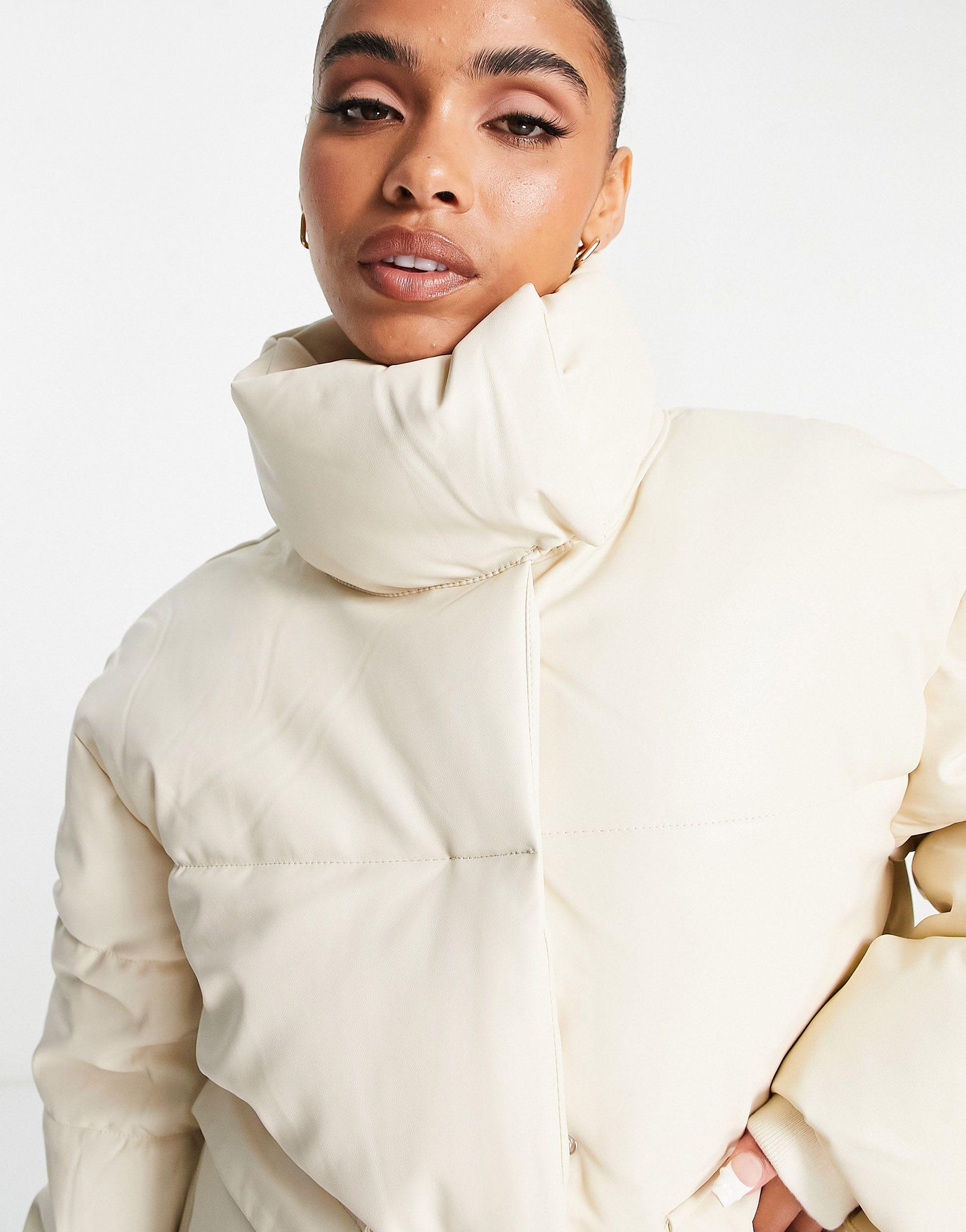 Missguided Faux Leather Puffer Jacket in Natural | Lyst UK