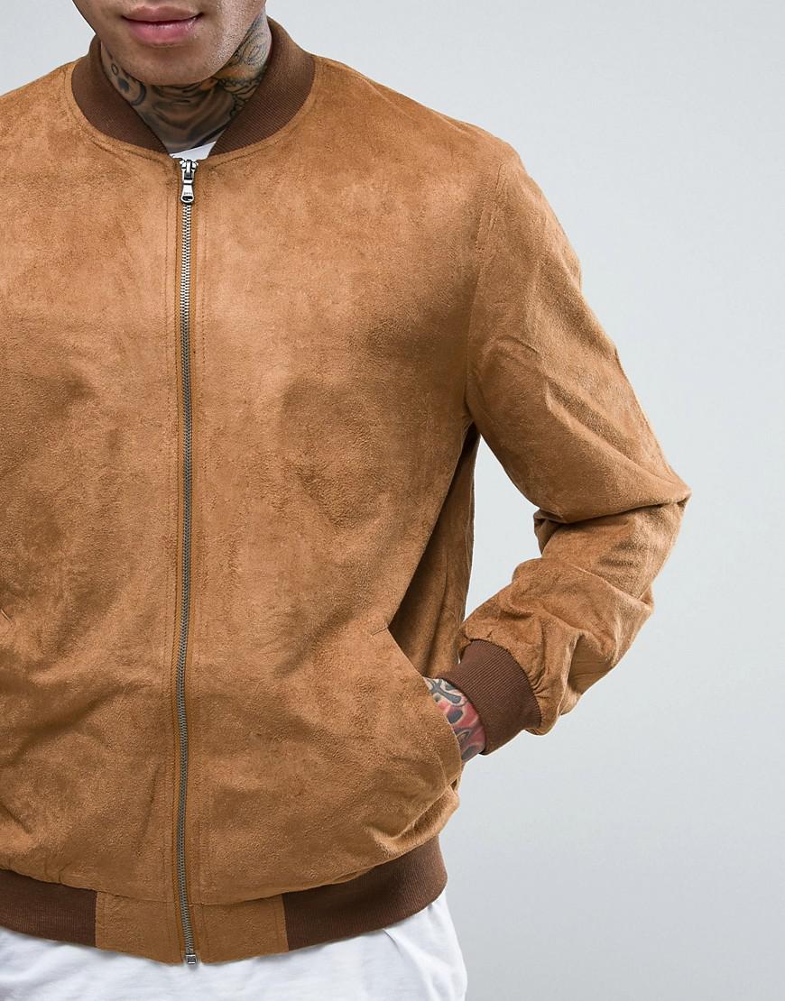 Lyst - Asos Faux Suede Bomber Jacket In Tan in Brown for Men
