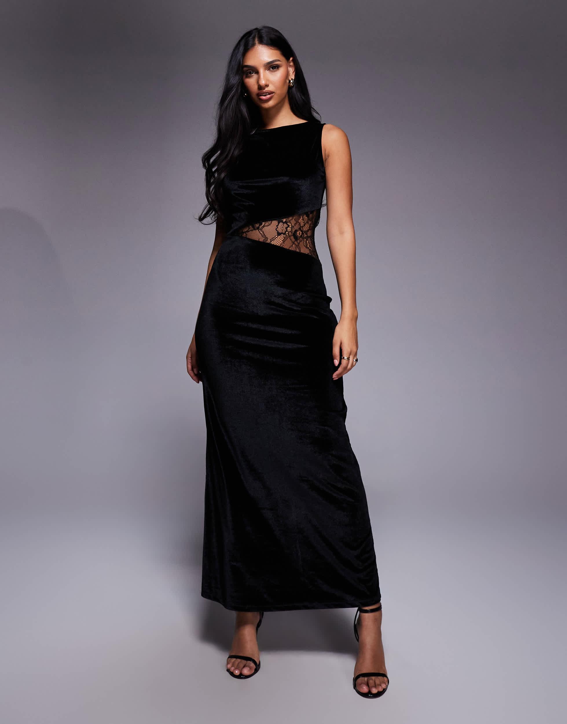 ASOS Velvet Maxi Dress With Lace Insert in Black | Lyst