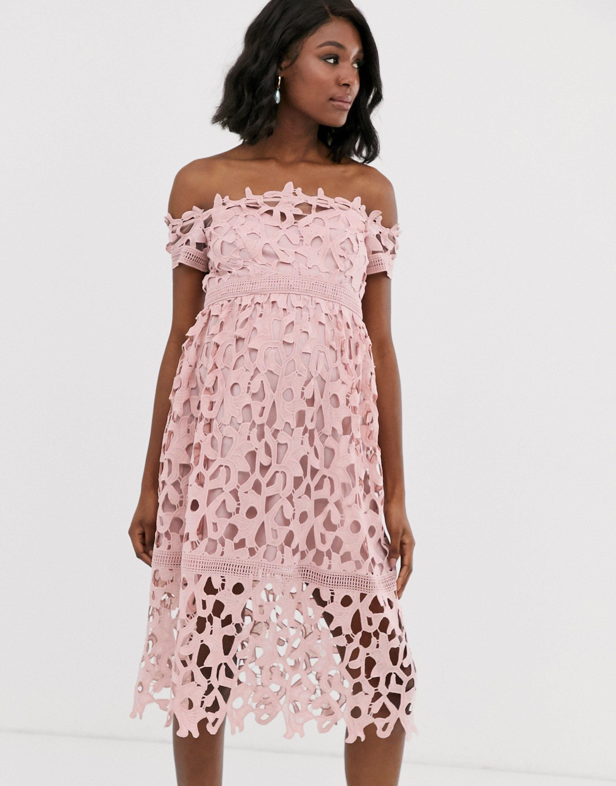 Chi Chi London Lace Off-shoulder Midi Dress in Pink | Lyst