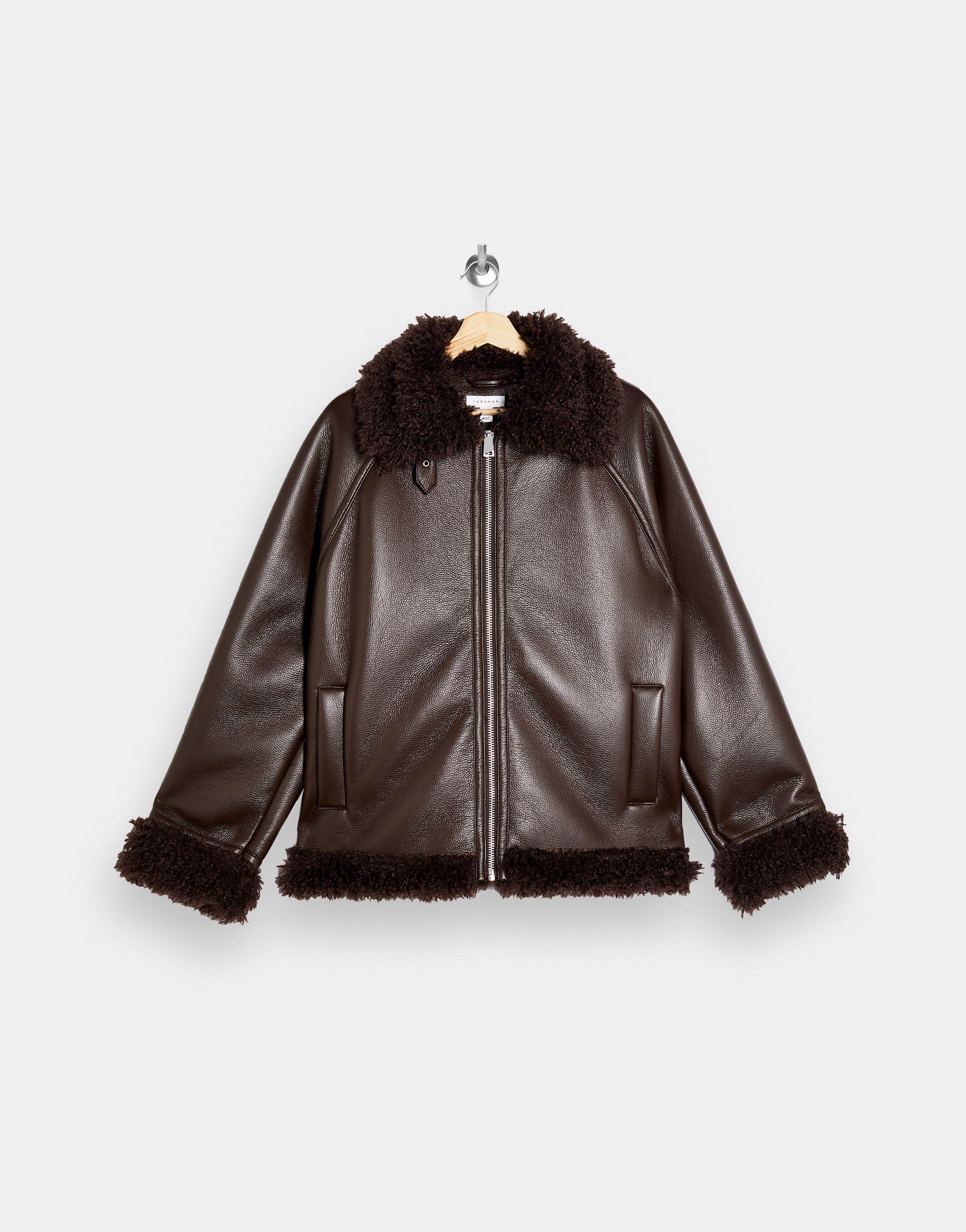 TOPSHOP Faux-leather Biker Jacket With Faux-fur Trim in Brown | Lyst