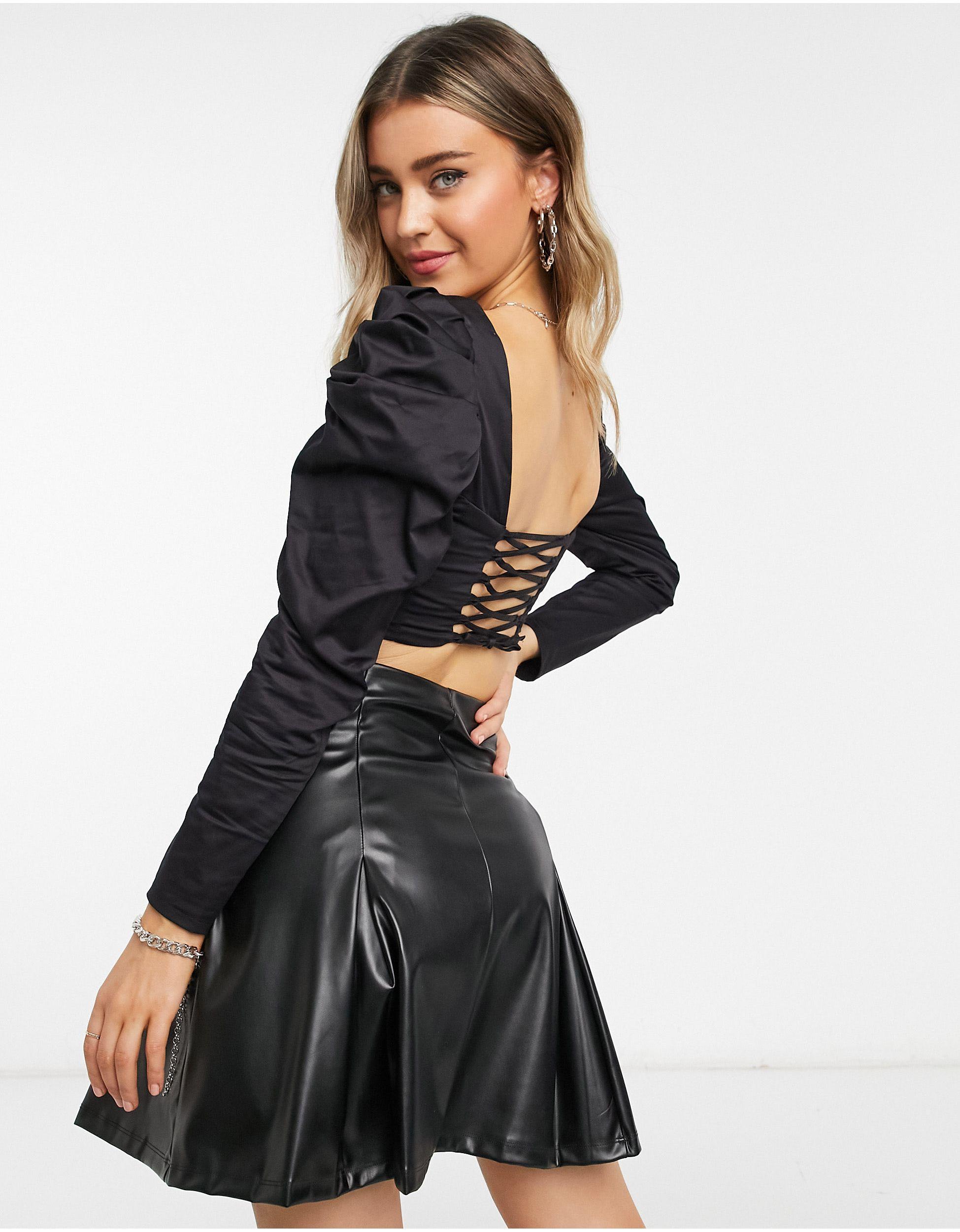 Bershka Synthetic Volume Sleeve Corset Top With Lace Up Back in Black | Lyst